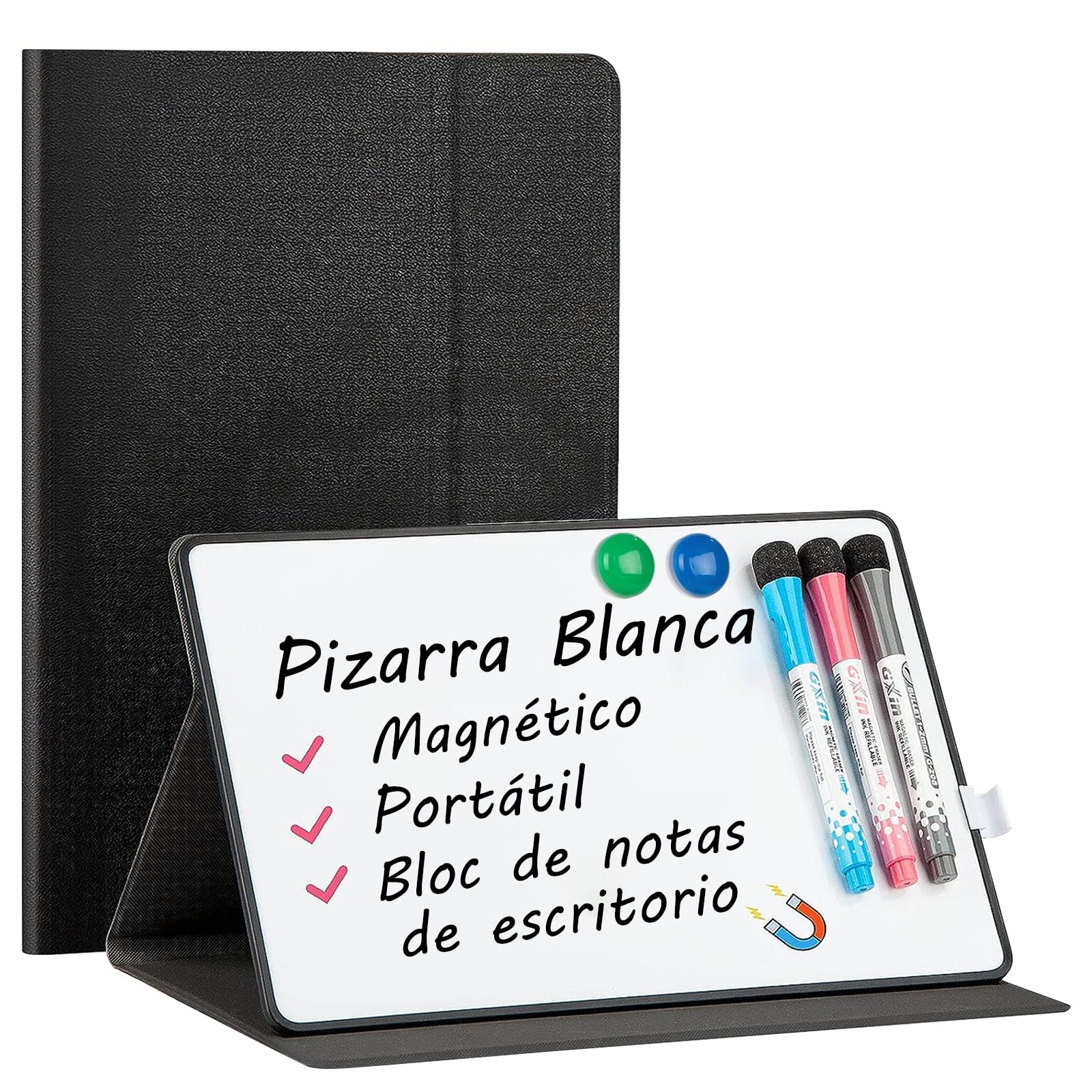 Pizarrón Blanco Pequeño Portátil,Mini Caballetes para Pintar de 12 x 9 Pulgadas, Pizarrón Magnética de Borrado en Seco con 3 Marcadores, Borrador y Elegante Soporte Elástico - Negro