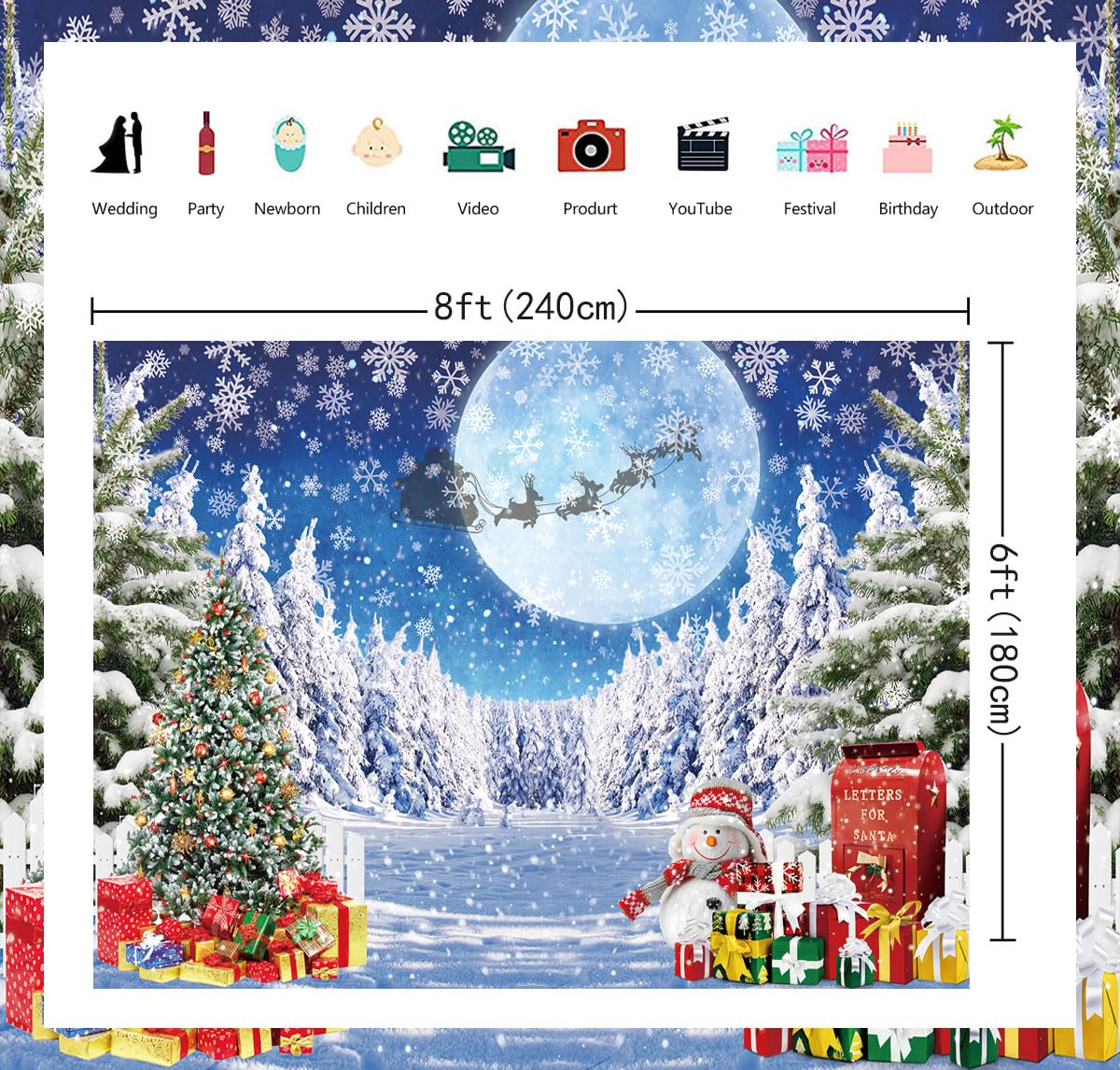 Winter Christmas Backdrop Christmas Tree Snowflake Forest Wonderland Photography Background Xmas Eve Winter Night Family Holiday Party Decoration Background (8X6FT (240x180cm)) - Image 2