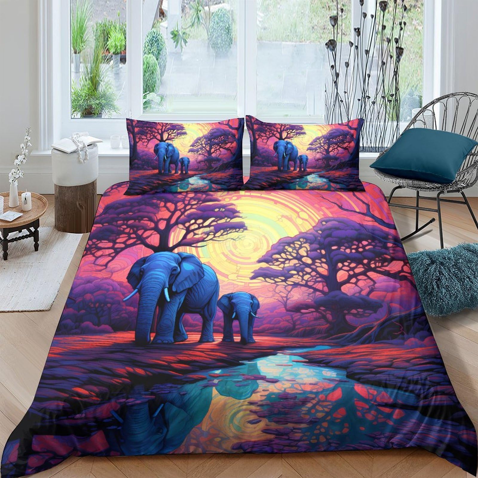 Ctjqhvkz Style-7 3D Printed Sunset Elephant Fitted Sheet Microfiber Soft Purple Forest Bed Cover For Bedroom Dorm Decor Mattress Protection Single（135X200cm）