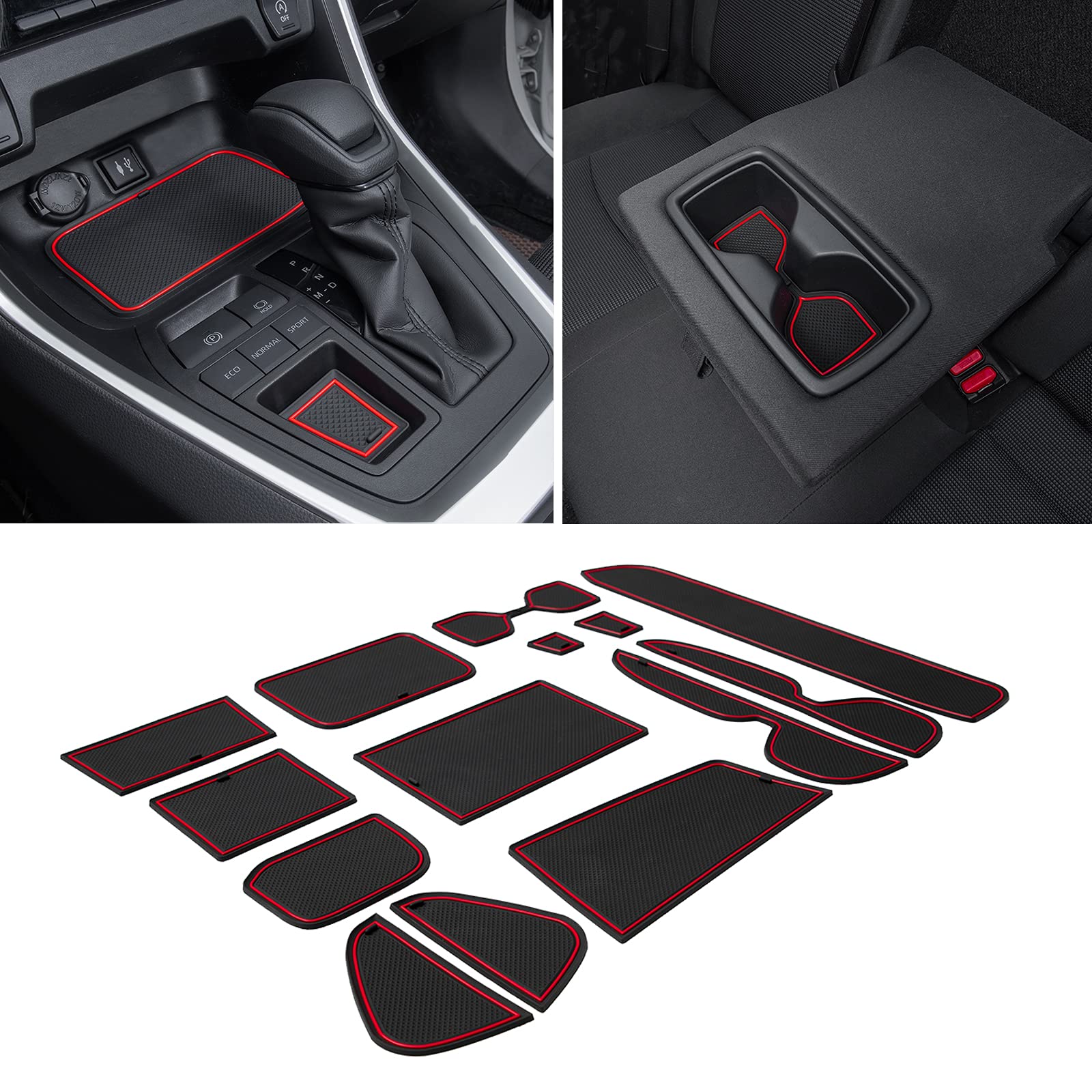 JDMCAR Liner Accessories Compatible with Toyota RAV4 2023 2022 2021 2020 2019, Custom Fit Cup Holder, Center Console, and Door Pockets Rubber Inserts Kit (Red Trim) - 15 PC Set