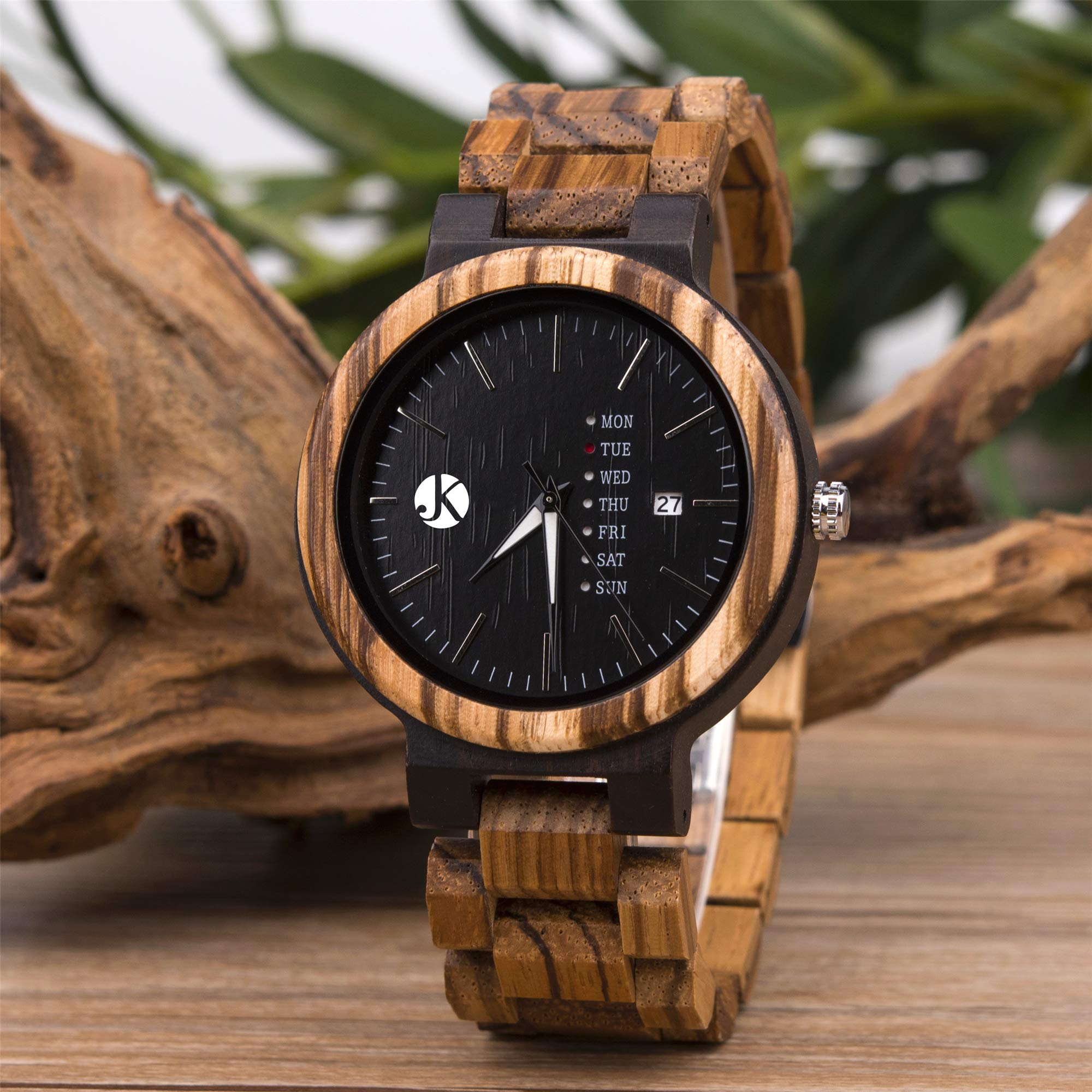 Kim Johanson Herren Holz-Edelstahl Armbanduhr *Dark Week* mit Datum- & Tagesanzeige Handgefertigt Quarz Analog Uhr inkl. Geschenkbox