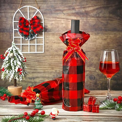Miniatura 5 de Teling 100 bolsas de regalo para botellas de vino de Navidad, bolsa de celofán, funda de bolsa de vino a cuadros de búfalo, incluye 50 bolsas de