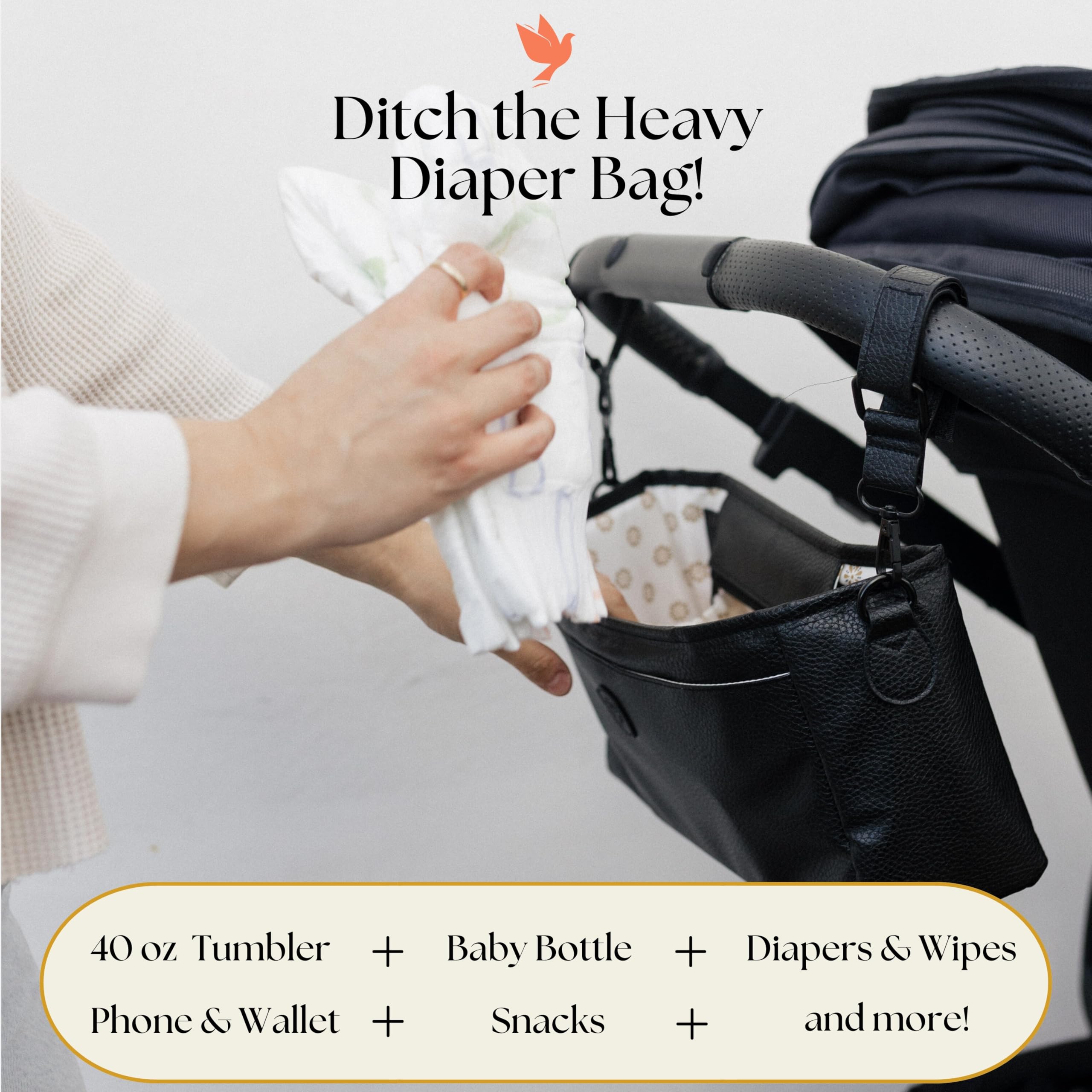 Organizer universale per passeggino con portabicchieri, in finta pelle con cerniera superiore, borsa organizer per passeggino con cerniera superiore e chiusura magnetica