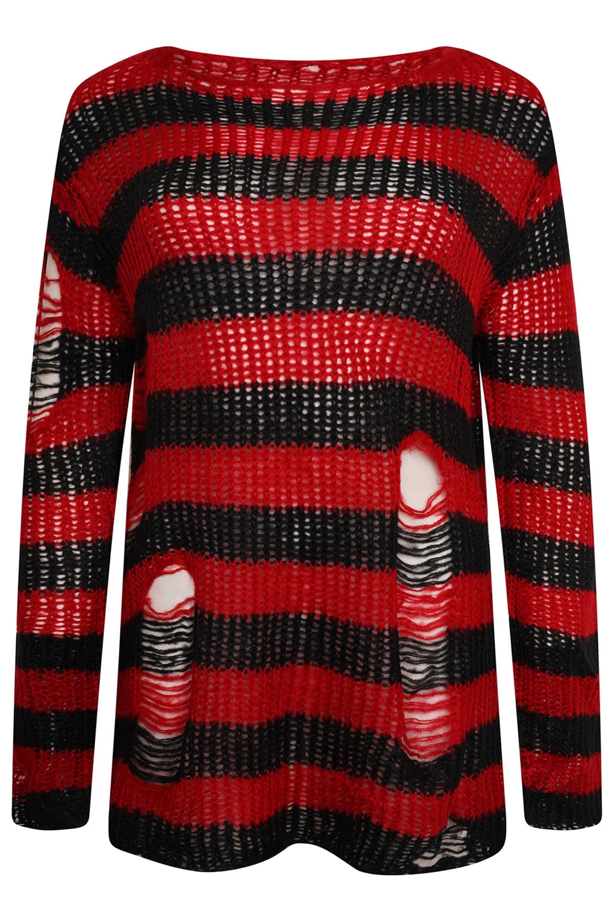 Ro Rox Gothic Knitted Jumper with Distressed Look - Oversized Pullover with Ripped Design, Long Sleeves, Loose Fit, 90s Grunge Style Stripe Pattern, Red, S-M