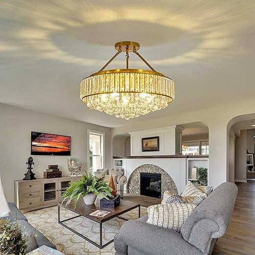 Miniatura 8 de YYJLX Lámpara moderna de cristal grande de 6 luces, de metal dorado, E26, montaje semiempotrado, lámpara de techo redonda, lámpara de techo para