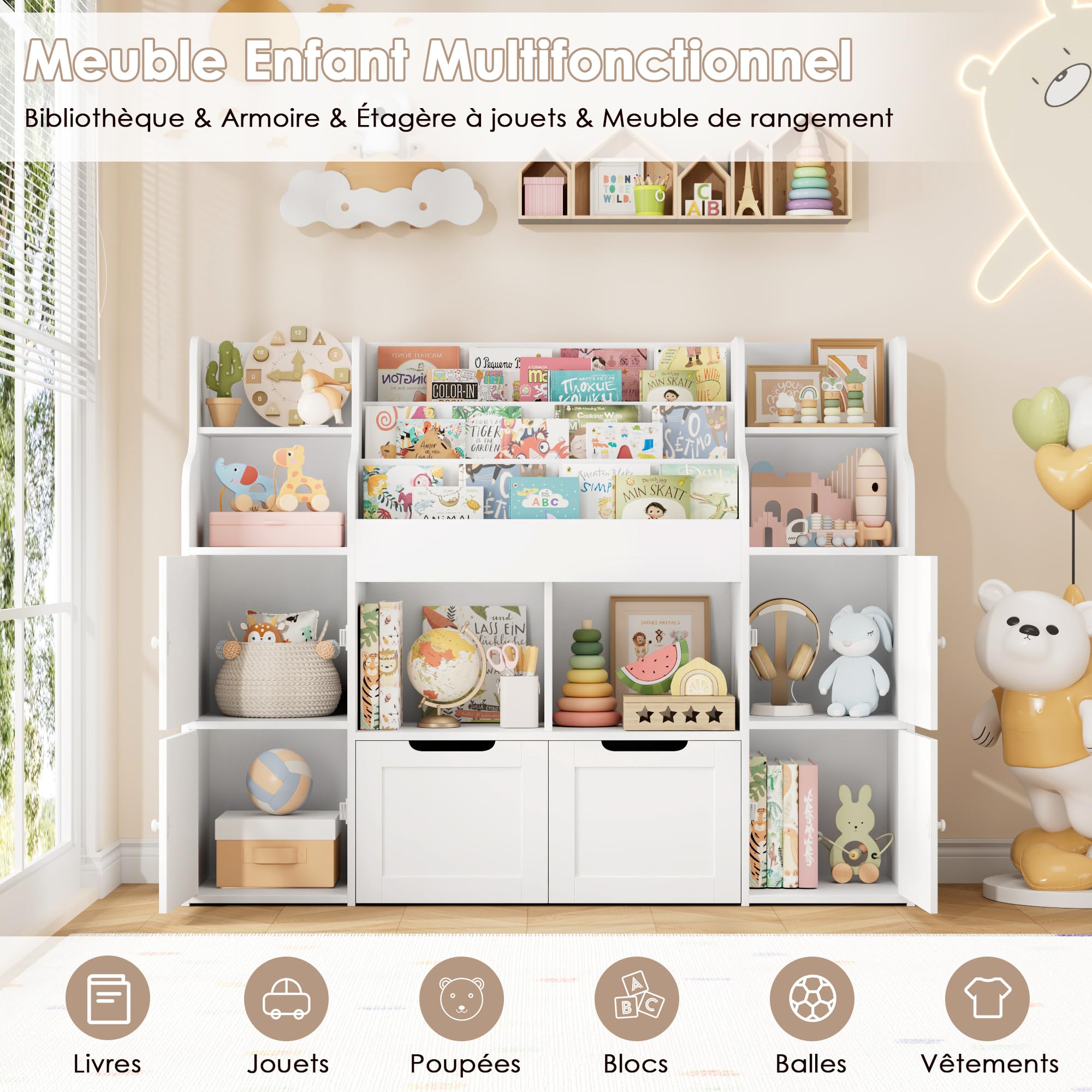 FOREHILL Meuble de Rangement Enfant Bibliothèque Enfant avec 13 Étagères Rangement Jouet avec 2 Tiroirs Roulants 2 Portes pour Chambre d'enfants Salle de Jeu 122x30x100cm Blanc