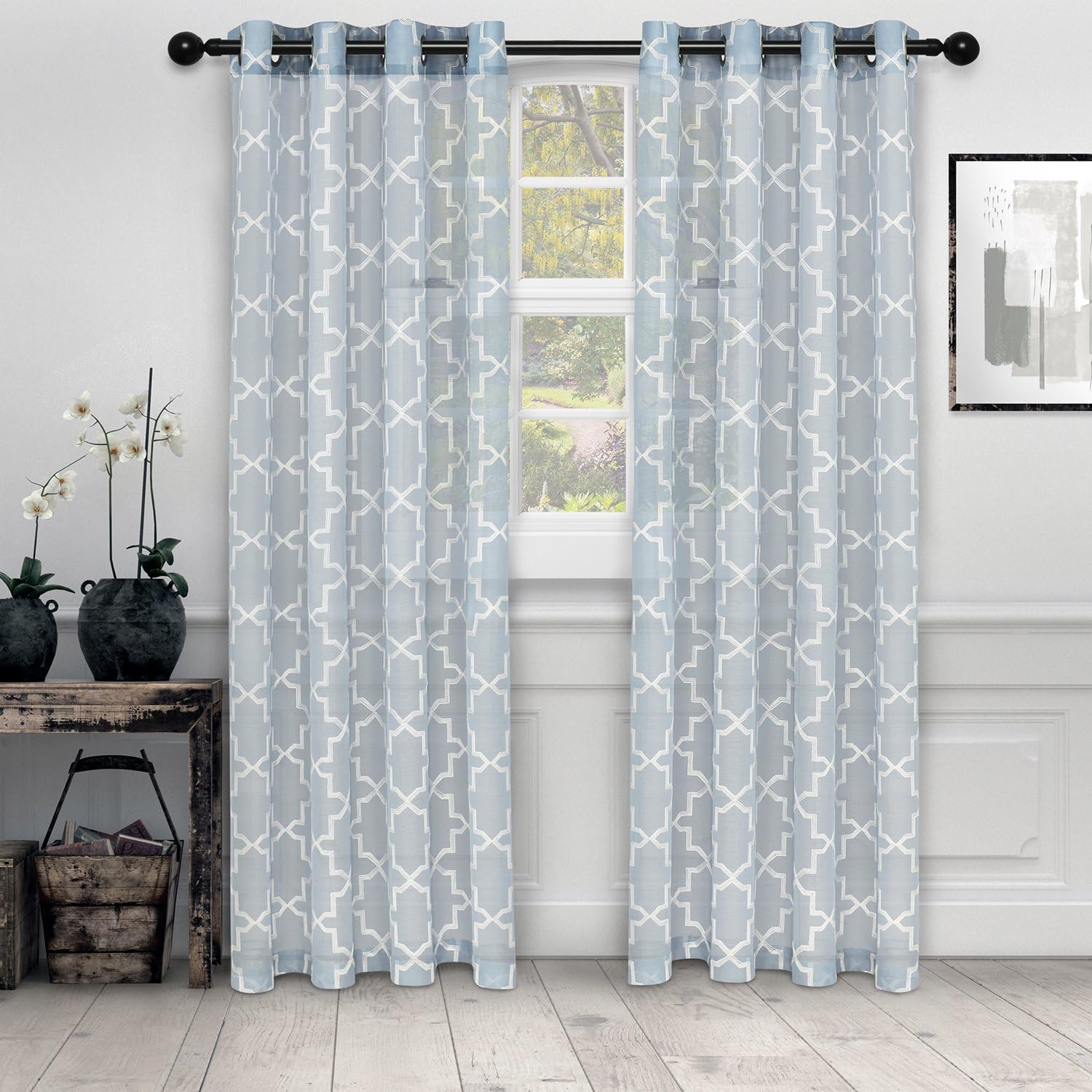 Superior Quatrefoil Embroidered Curtains, Window Accents, Perfect for Family Room or Bedroom, Classic, Modern, Traditional with Rod Pockets or Grommets, Curtain Set of 2 Panels, 52" X 84", Navy Blue