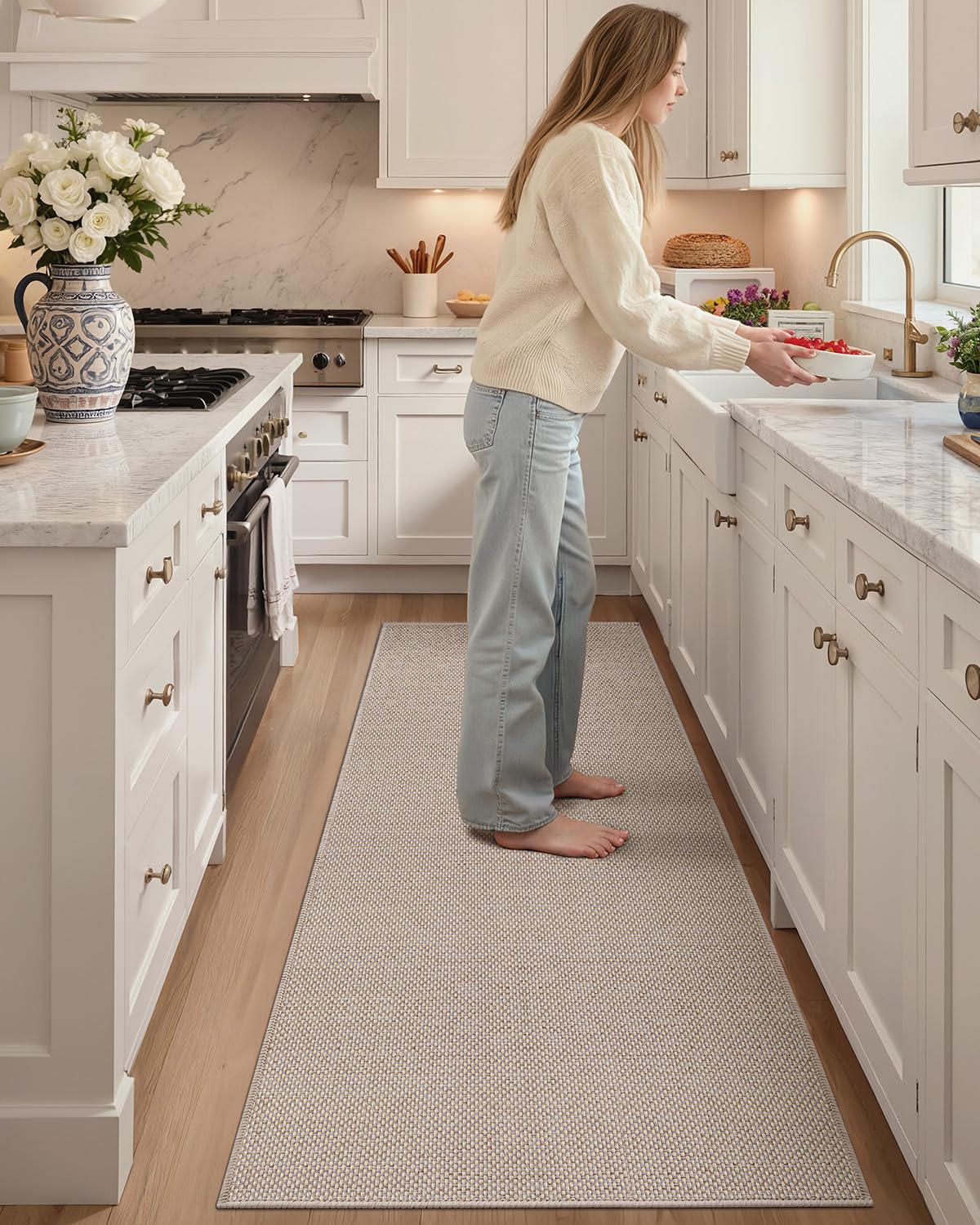 COLOR&GEOMETRY Tappeti da Cucina Antiscivolo Lavabile 61x183cm, 4mm Sottile Tessuto Runner Tappeto, Assorbente Facile da Pulire Tappeti da Pavimento per Davanti al Lavandino, Corridoio, Beige