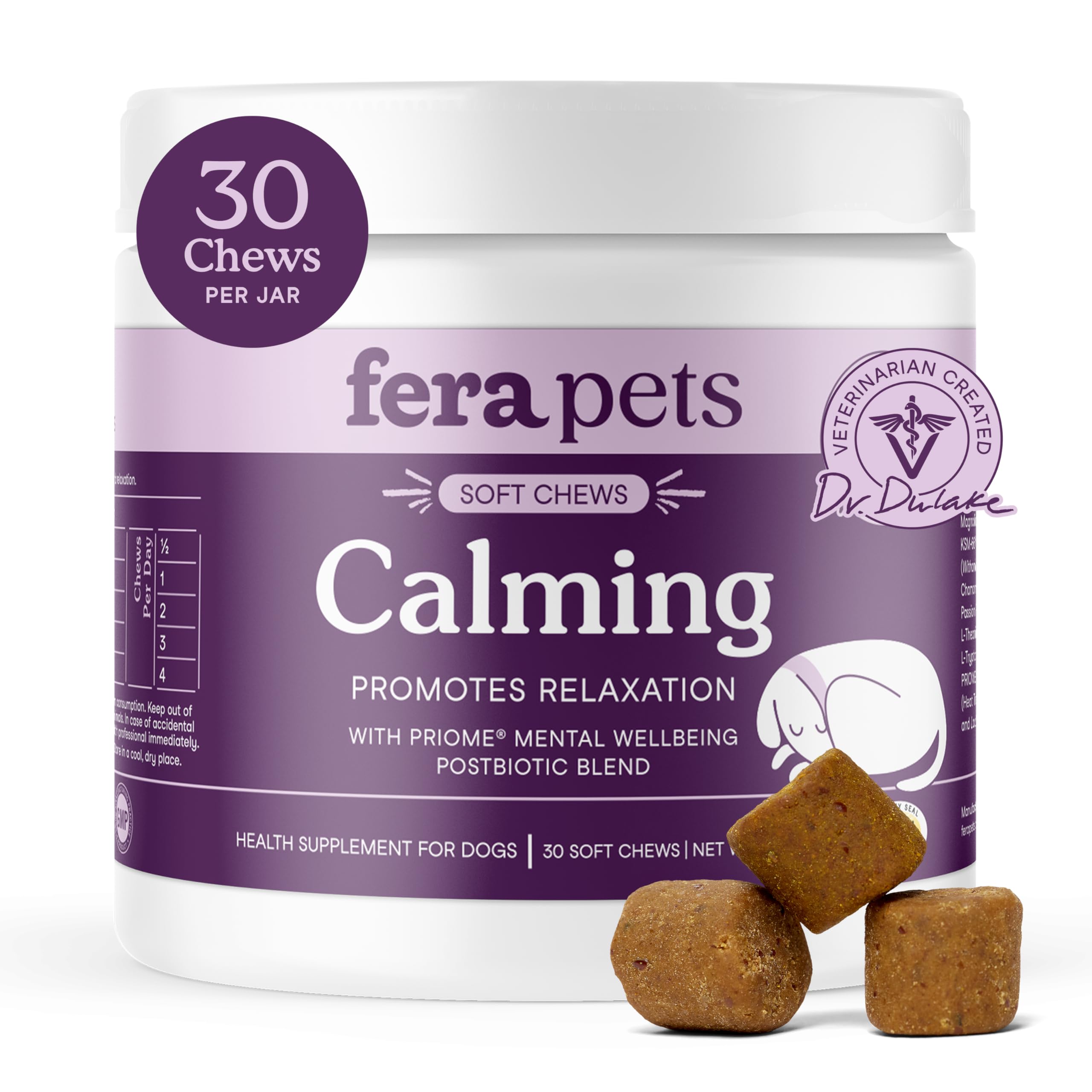 Fera Pets Dog Calming Chews - Helps Manage Everyday Stress & Separation - Promotes Relaxation - Ashwagandha & Priome® Mental Wellbeing Postbiotic