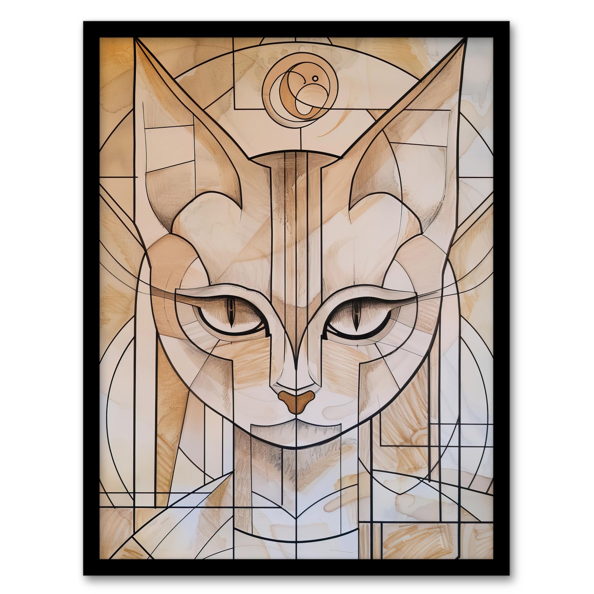 Artery8 Cat Lover Art Deco Feline Design Portrait Living Room Artwork Framed Wall Art Print A4