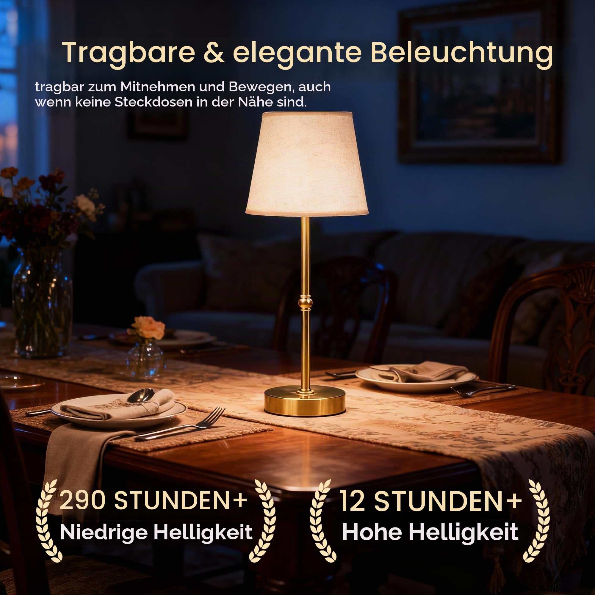 Vintage Akku Tischlampe Kabellos, Wiederaufladbare Stoffschirm Tischlampe Gold mit 6000mAh Akku, Stufenlos Dimmbar, Touch-Steuerung, USB-C LED Tischlampe für Schlafzimmer, Wohnzimmer, Esstisch