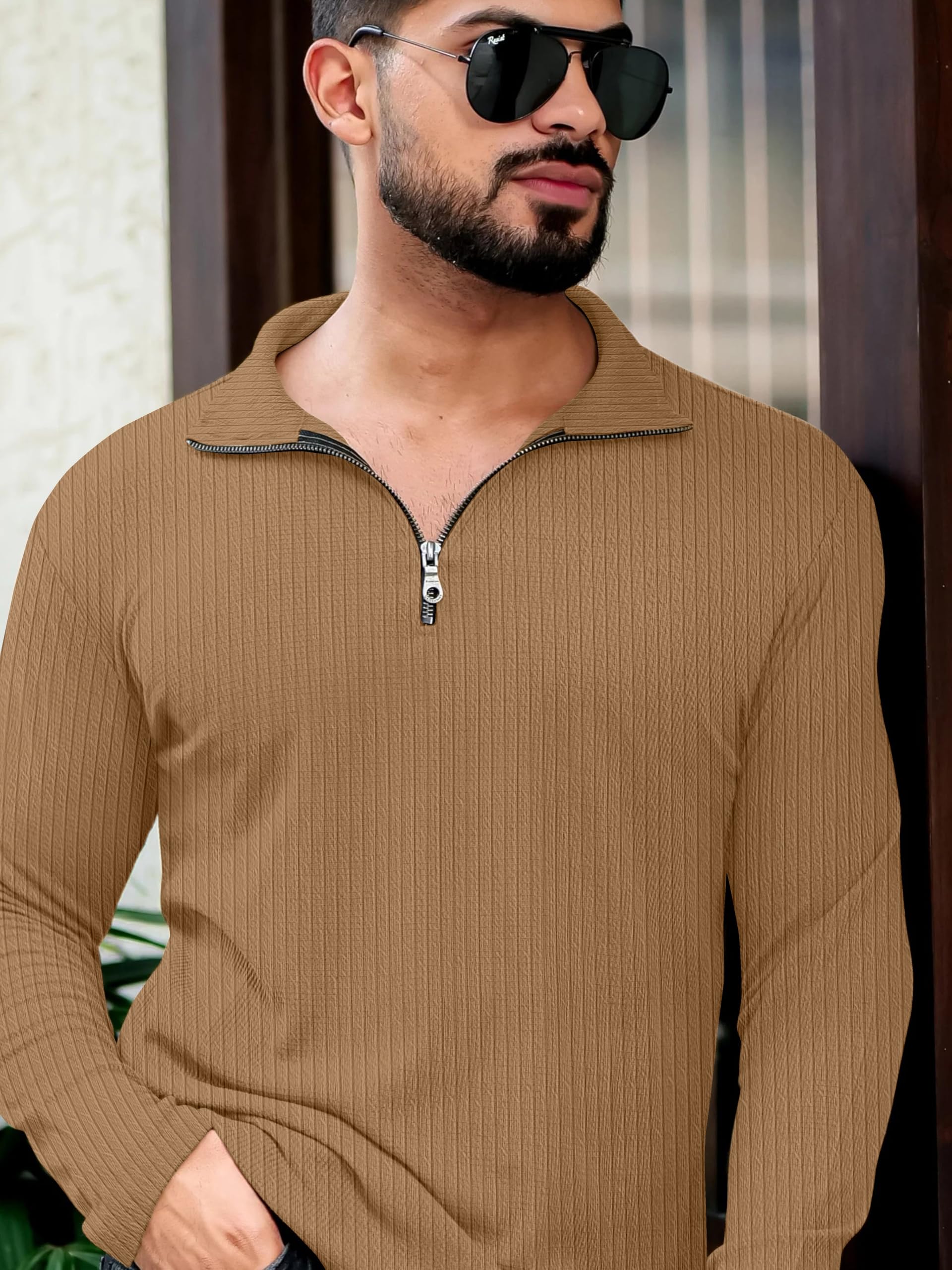 KAJARU Men's Quarter Zip Pullover T-Shirt, Cable Knit Pattern, Full Sleeve (in, Alpha, 2XL, CHIKU) - Image 3 thumbnail