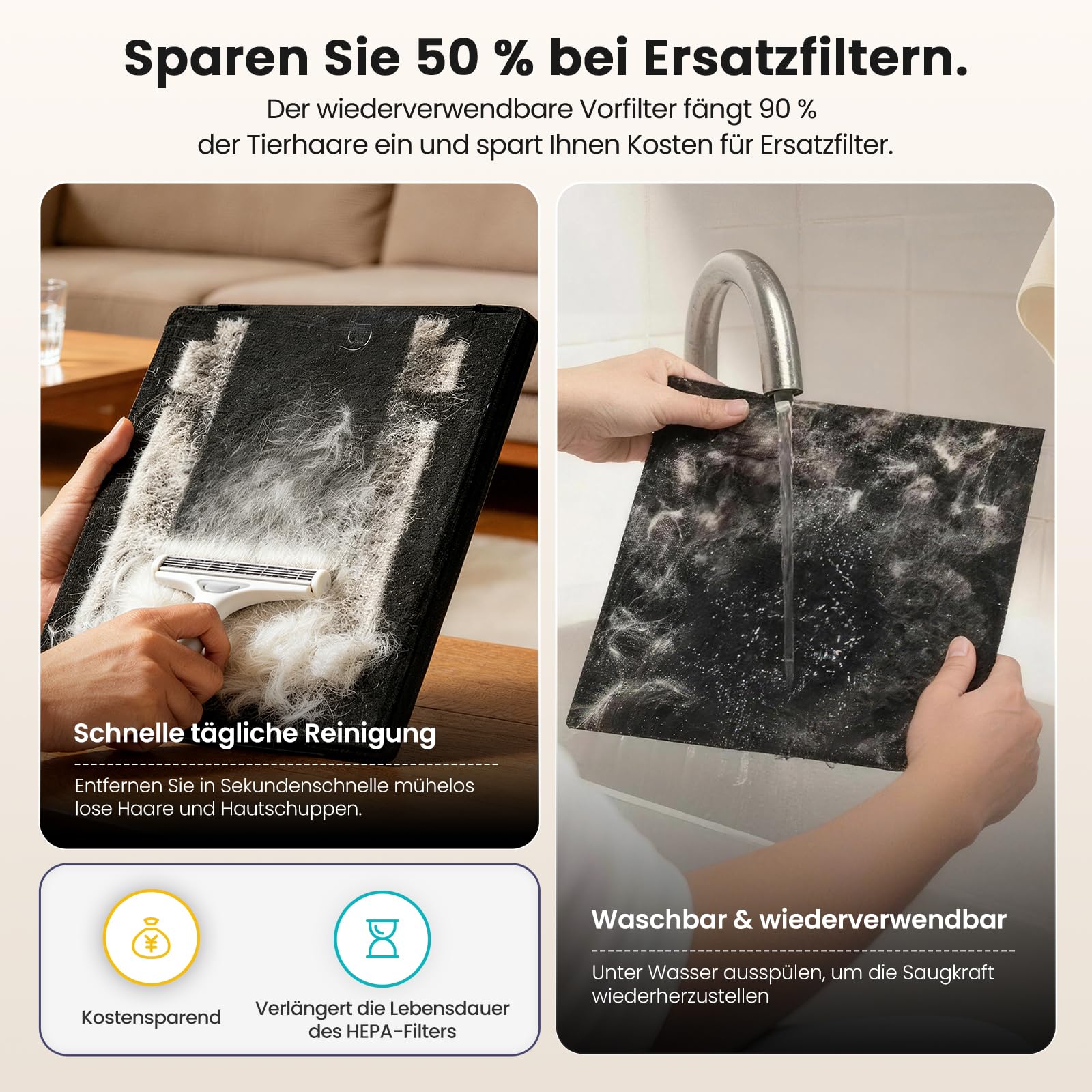 Luftreiniger, H13 HEPA, waschbarer Vorfilter, App, 100 m² | Doppelseitige Ansaugung, Waschbarer Vorfilter, 280 m³/h CADR bis 100 m², Smart Life App, leiser 3-W-Schlafmodus