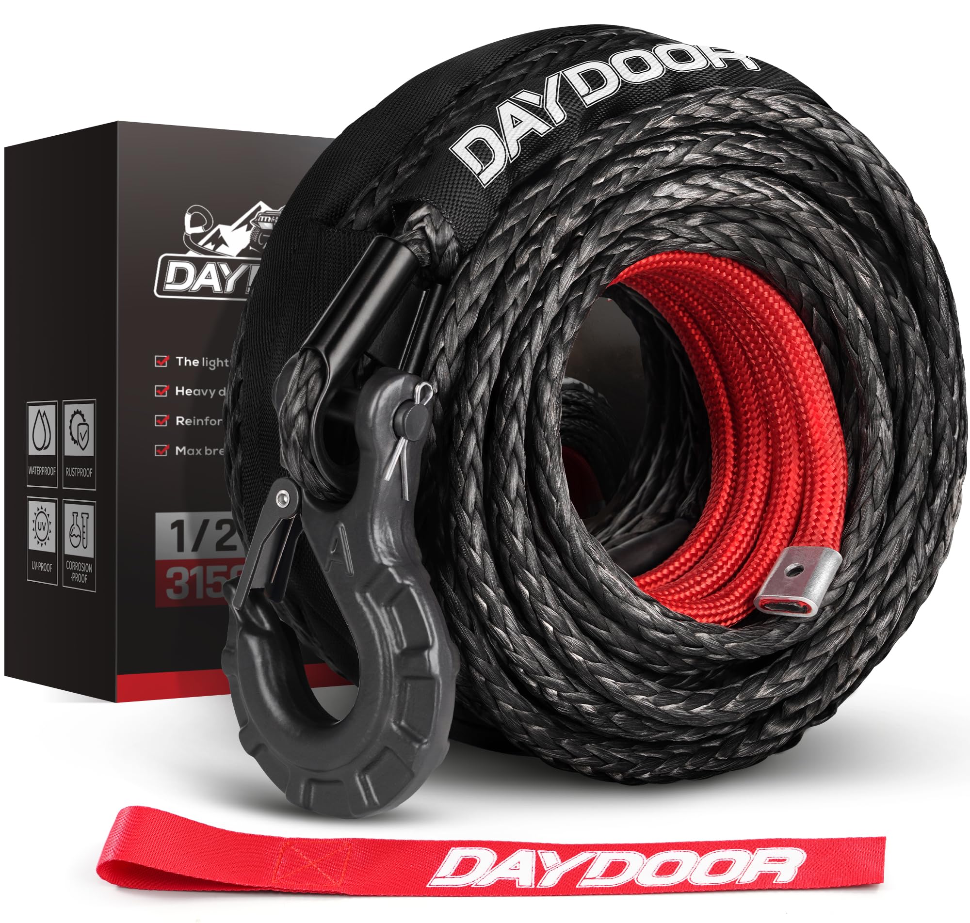 DAYDOOR 1/2'' x 92ft Synthetic Winch Rope, 31,500 Lbs Winch Rope Cable Kit, Winch Line Replacement with Protective Sleeve and Heavy Duty Forged Winch Hook for 4WD Off Road Truck