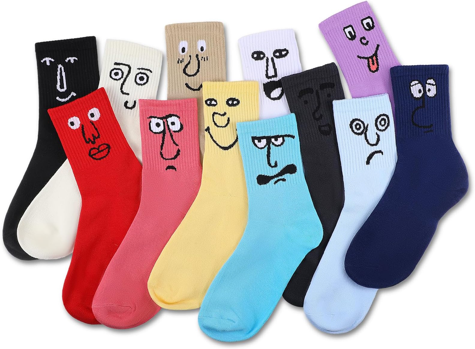 12 Pairs Crazy Funny Emotion Crew Socks Soft Cotton Novel Cute Personality Socks Women Men 12 Different Fun Designs and Color