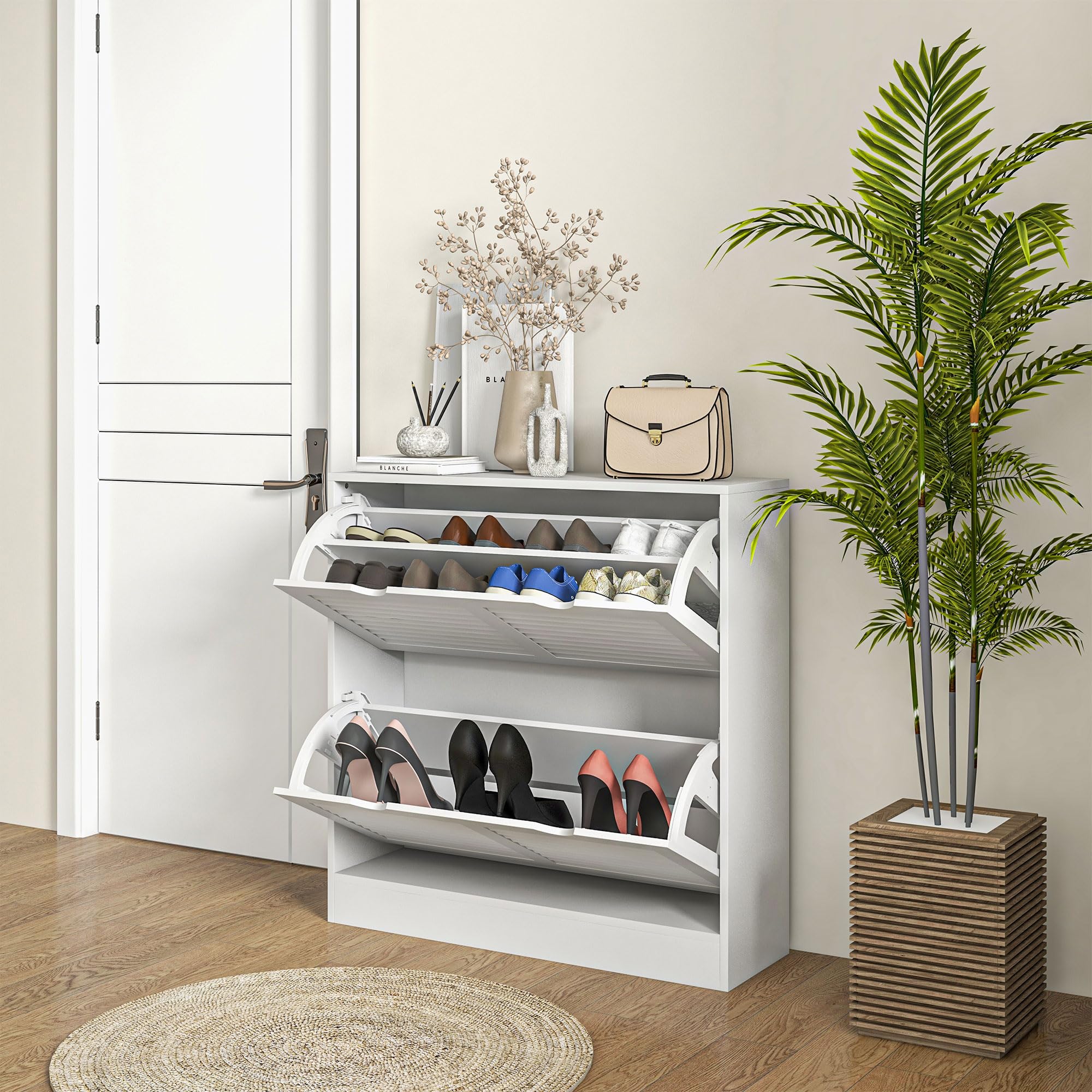 HOMCOM Zapatero Moderno de Entrada Recibidor con 2 Cajones Abatibles y Estantes Regulables para 16 Pares de Zapatos Zapatero Estrecho para Pasillo 81,5x25x83 cm Blanco