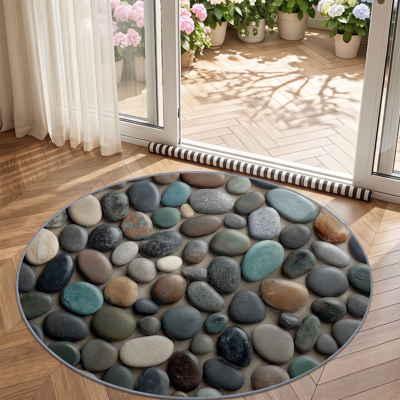 Naturel Rustique Grand Tapis Rond à Motif Galets Pierres Plage pour Salon Chambre à Coucher Salle de Bain Couloir décoration, Lavable en Machine Pile Courte et Douce, Gris, 200 cm