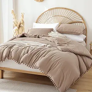 YIRDDEO King Size Comforter Set - King Size Comforter with Ball Pom Fringe, Soft King Bedding Set for All Seasons - 3 Pieces, 1 Comforter (104"x90"inches) & 2 Pillow Shams(20"x36"), Taupe