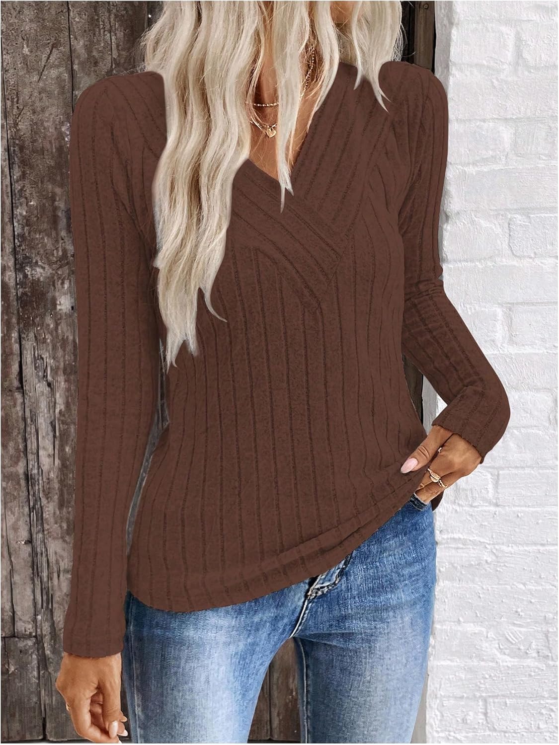 Women's Wrap V Neck T Shirts Fall Long Sleeve Ribbed Knit Dressy Casual Tops - Image 4