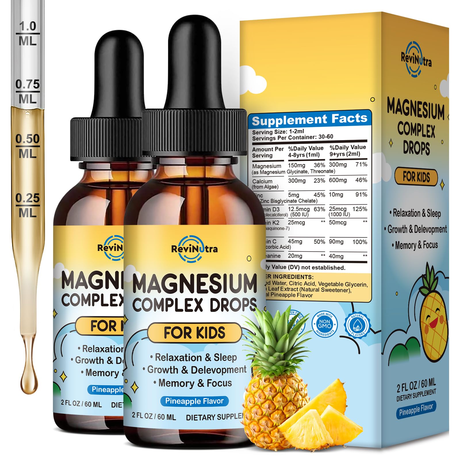 Kids Magnesium Liquid Drops - Magnesium Glycinate Liquid for Kids, Magnesium Supplement with L-Theanine, Calcium, Zinc, Vitamin D3 K2 for Sleep Calm Relaxation Brain Bones, Pineapple Flavor 2 Fl Oz — Amazon image 13