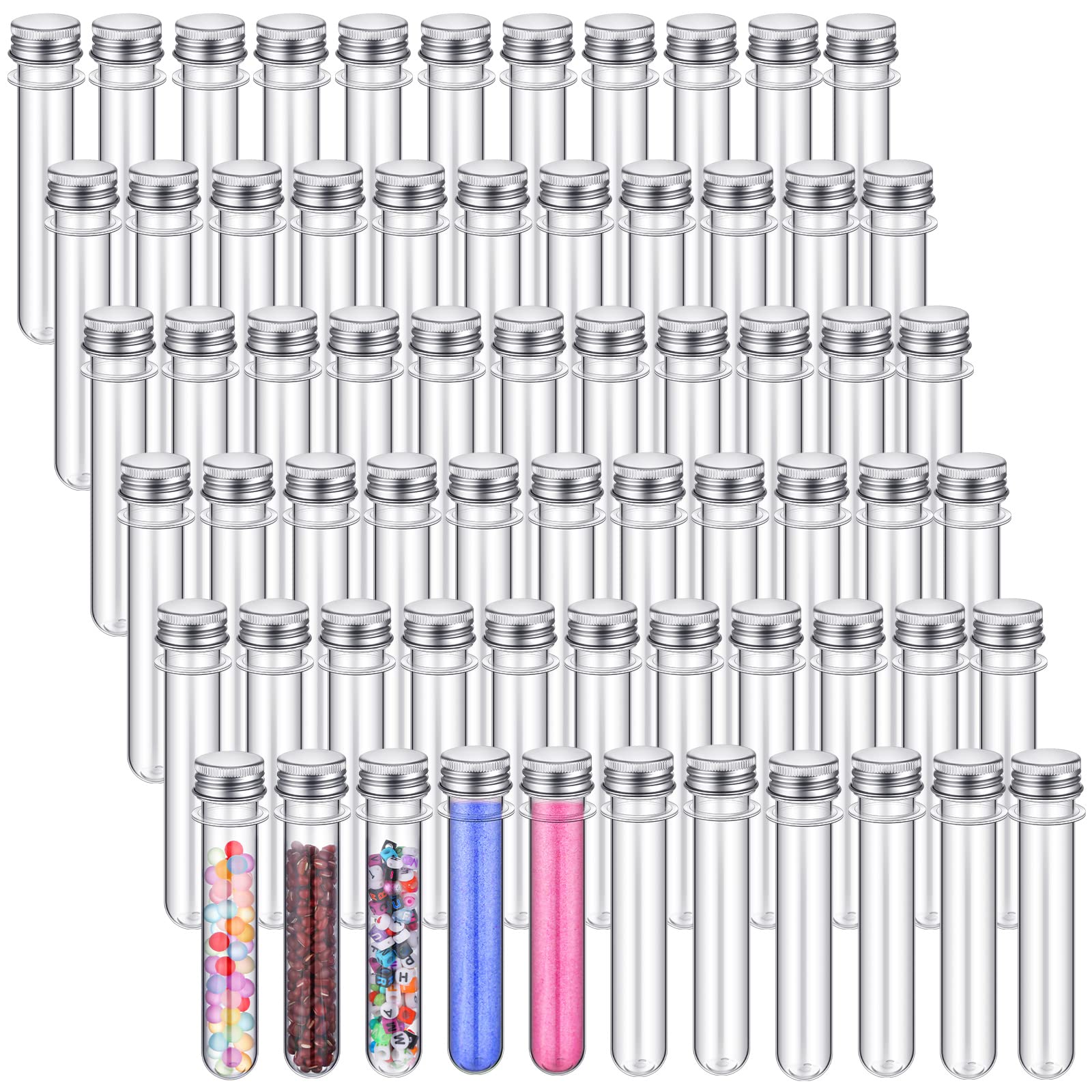 Provette in plastica trasparente da 45 ml, 25 x 140 mm, con coperchio cilindrico in alluminio, fiale in plastica per caramelle, spezie e fiori secchi, decorazione per la casa, esperimenti scientifici