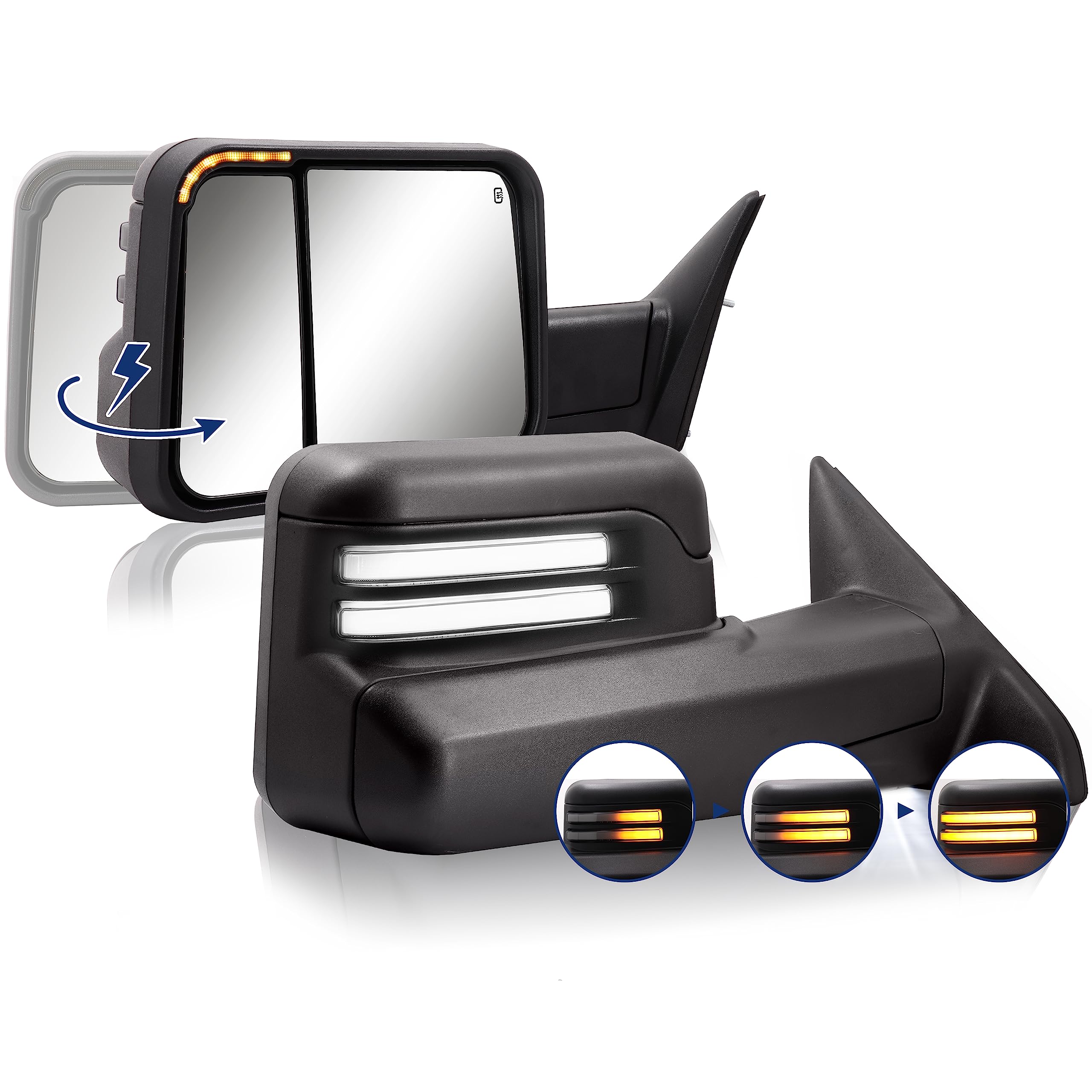 Power Folding Switchback Towing Mirror Replacement with 2009-2018 Dodge Ram 1500 2500 3500 Pickup Truck with Power Adjusted Glass Heated LED Running Light Turn Signal Light Puddle Lamp Temp Sensor