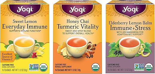 Yogi Tea Immune Support Tea Variety Pack – 16 Tea Bags per Pack (3 Packs) – Immunity Support Tea Sampler Set – Sweet Lemon Everyday Immune Tea, Honey Chai Turmeric Vitality Tea & More B09C14J293