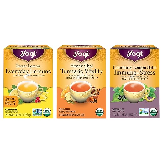 Yogi Tea Immune Support Tea Variety Pack - 16 Tea Bags per Pack (3 Packs) - Immunity Support Tea Sampler Set - Sweet Lemon Everyday Immune Tea, Honey Chai Turmeric Vitality Tea & More
