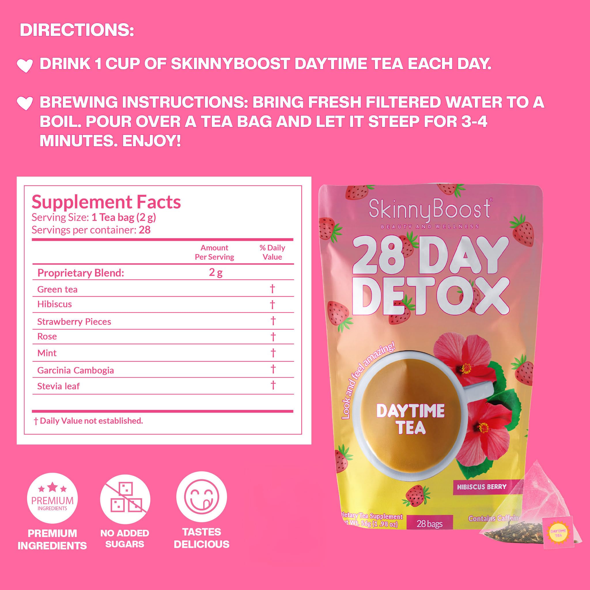 Skinny Boost Detox Tea Kit Slimming Tea for Weight, Metabolism, Energy, Bloating & Colon Cleanse – Green Tea, Herbal, Vegan, Keto, Non-GMO, Sugar-Free-2 PACK –1 Daytime Hibiscus (28 Bags) + 1 Evening Apple -(14 Bags) — Amazon image 2