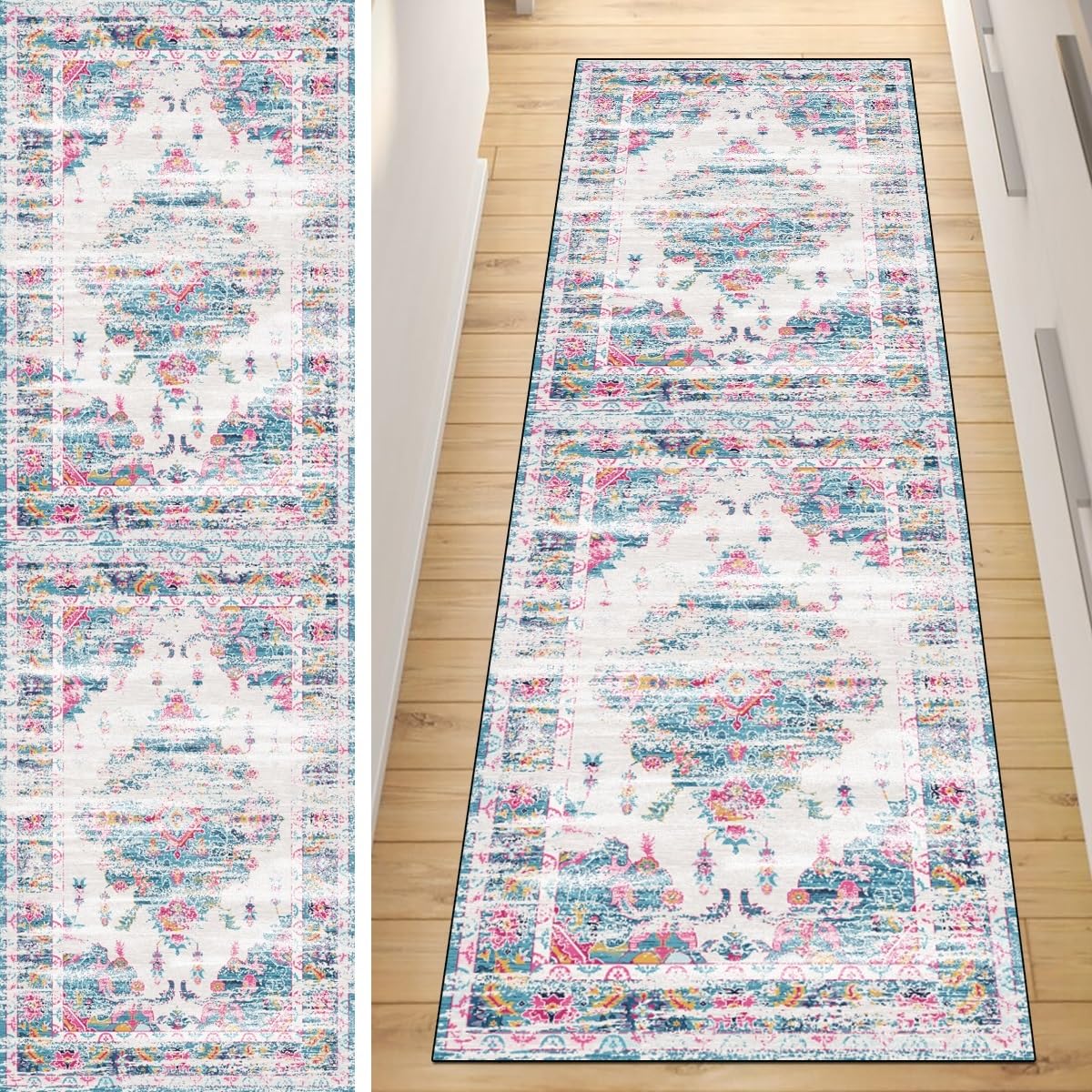Alfombra de pasillo larga para cocina de 50x500 cm vintage azul y rosa lavable