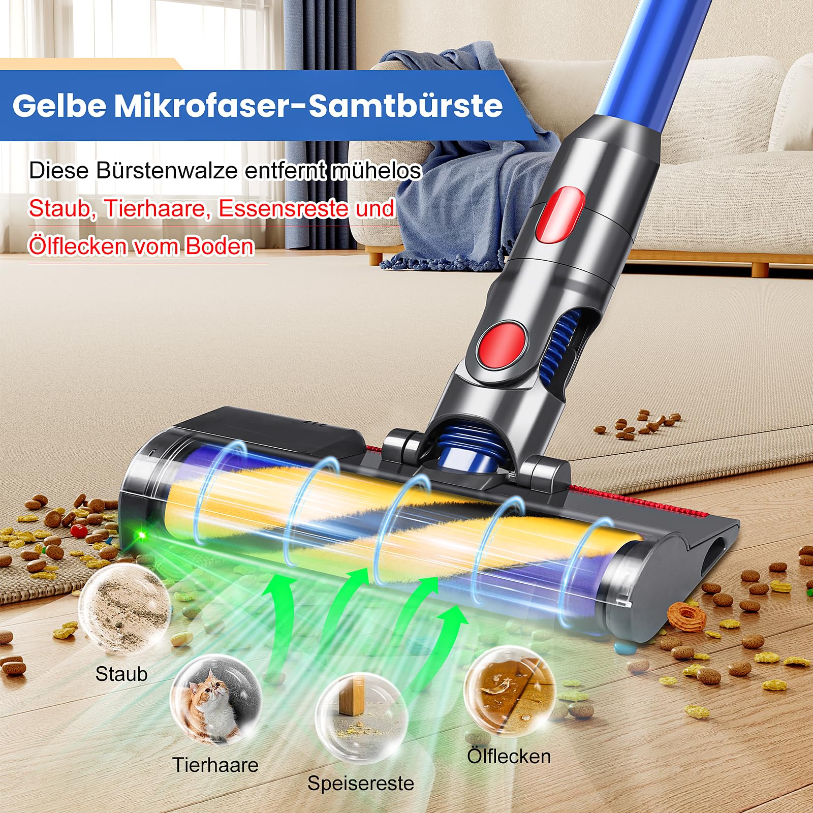 Cabezal de repuesto para aspiradora inalámbrica Dyson V7 V8 V10 V11 V15, cepillo de microfibra con luz láser LED verde, adecuado para suelos de madera dura y alfombras