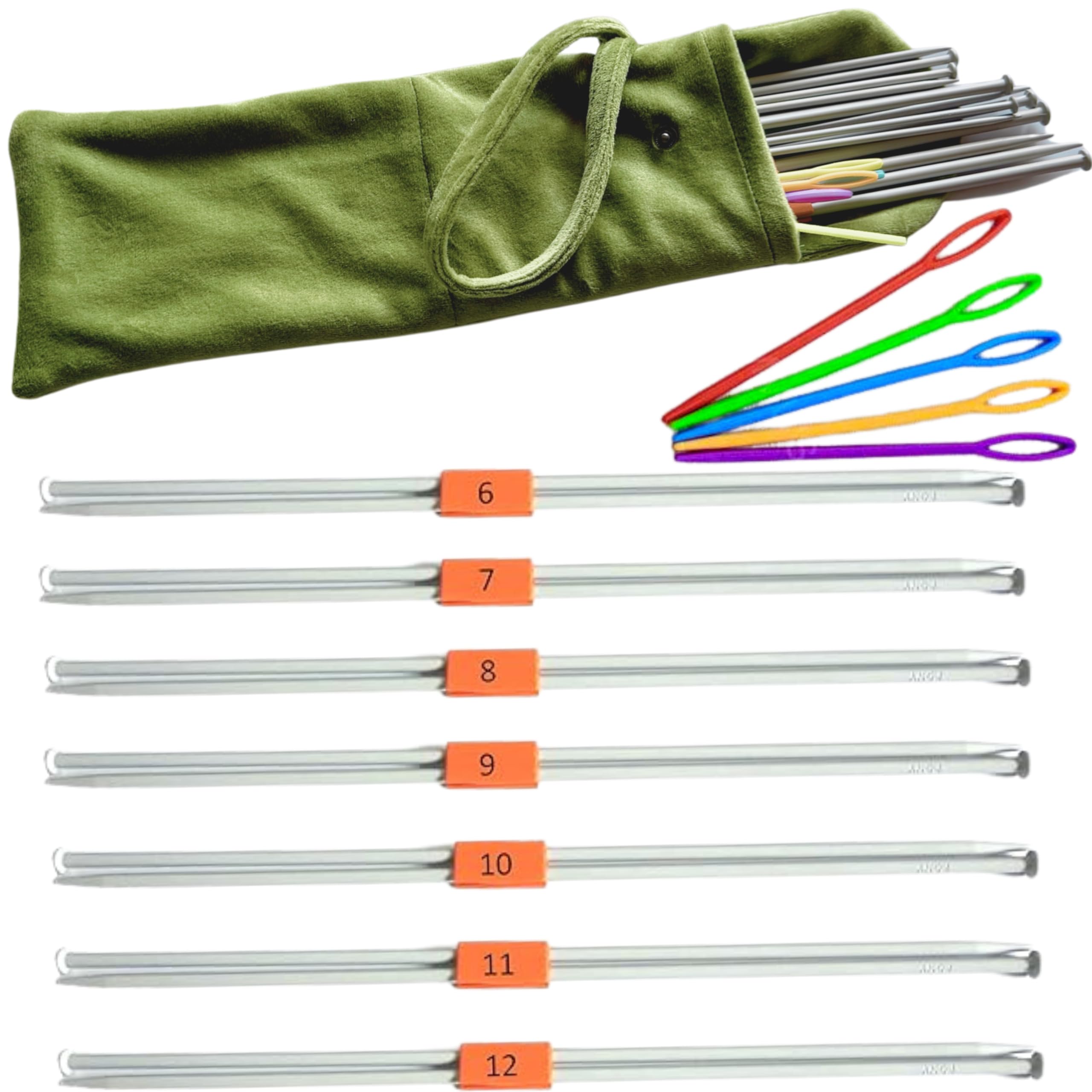 Artonezt Lightweight Single Point Knob Aluminium Knitting Needles (Grey, Size No. 6 to 12, Length 25cm) + Plastic Tapestry Needle (5 Pcs) + Travel Organizer Storage Velvet Bag for Straight Knitting Pins and Knitting Accessories-image-30