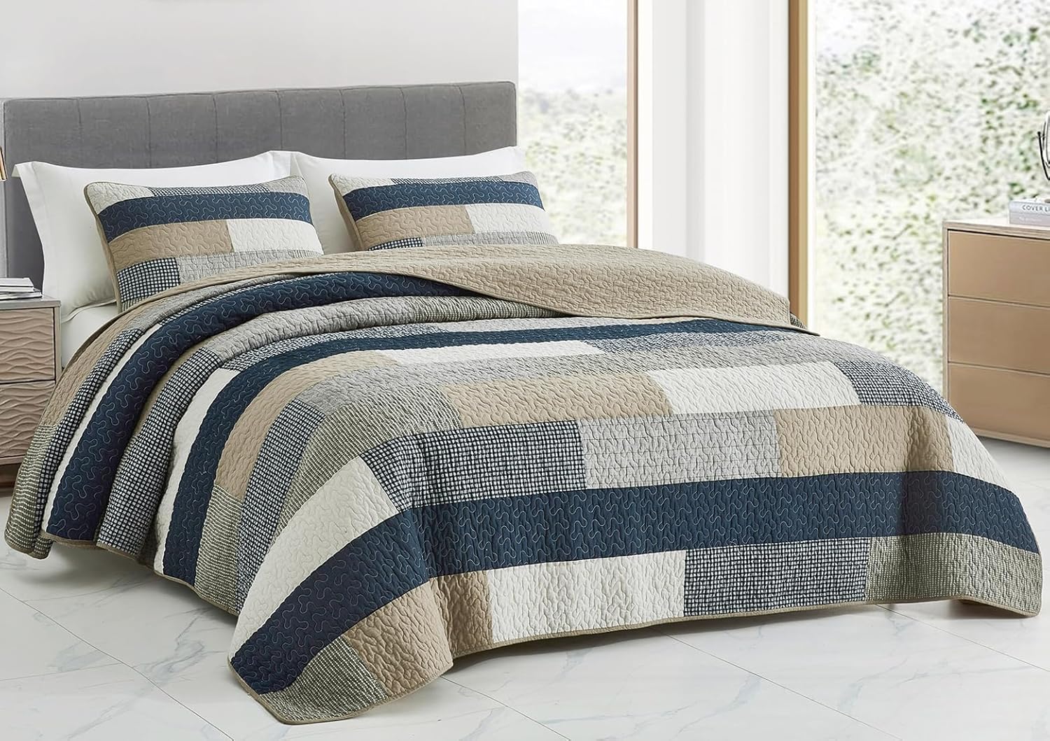 Chezmoi Collection Dylan 3-Piece Navy Blue White Gray Taupe Plaid Rectangular Patchwork Quilt Set - Pre-Washed Cotton Quilted Lightweight Reversible Bedspread for All Seasons, Super King Size 128x110 Super King Plaid Rectangle Patchwork Taupe