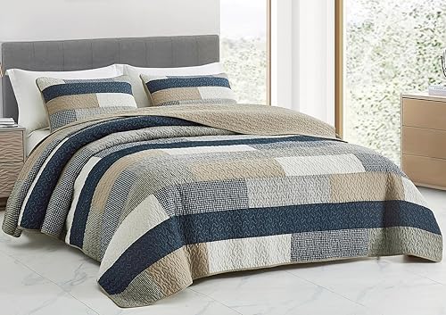 Chezmoi Collection Dylan - Juego de edredón rectangular de 3 piezas, color azul marino, blanco, gris, gris topo, colcha acolchada de algodón