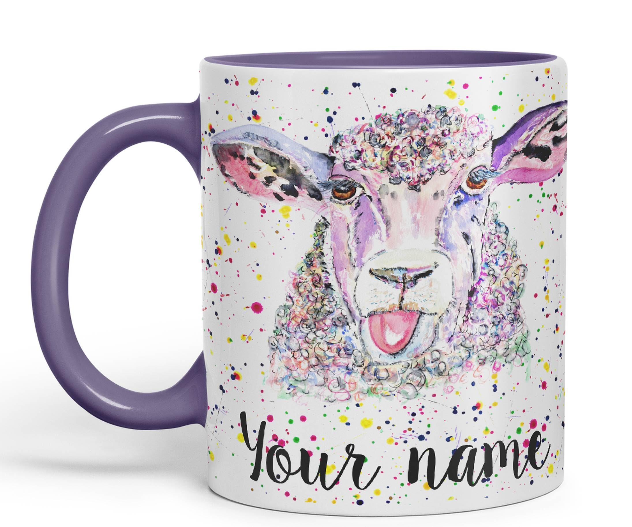 Vixar Personalised with Your Text Sheep Eve Farm Animals Art Coloured Ceramic Mug Cup Gift 330ml 11oz Custom Work Office Tea Coffee (Purple)