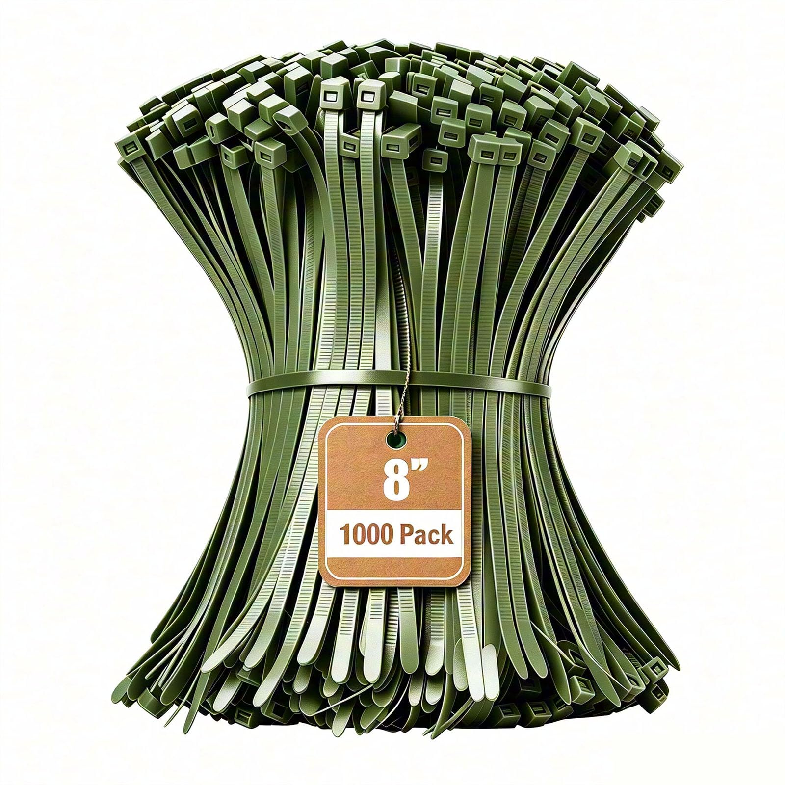 Armpow Cable Ties, 8 inches, Army Green, 1000 Pieces, 40 lbs, Small to Medium Cable Ties, Nylon, PA66, UV-Resistant, Heavy-Duty for Indoor and Outdoor use, Ideal for Bundling and securing — image 1