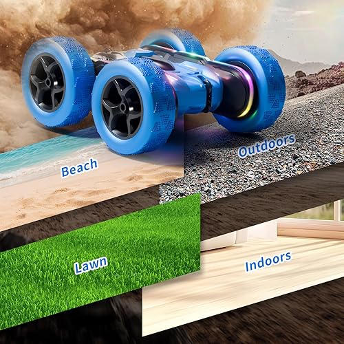 Miniatura 7 de Coche de acrobacias con control remoto 4WD 360 Flip doble cara RC Cars, barra de luz LED, batería modular USBC, juguete de playa al aire libre de