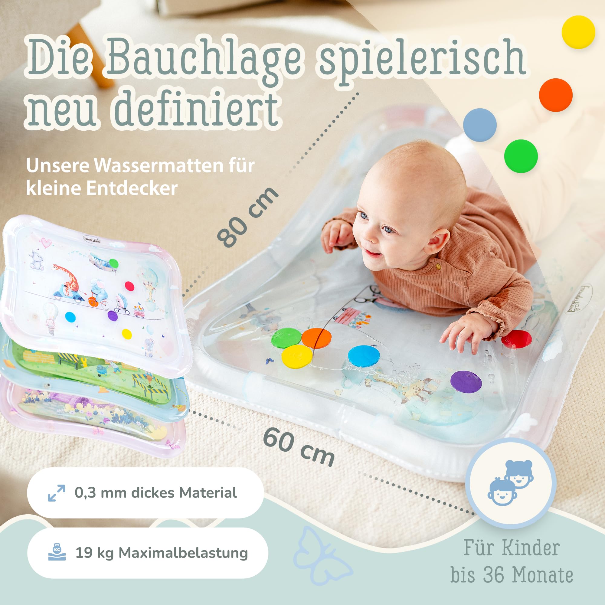 TummyTime Wassermatte XXL by Freudeskind, Baby Wasserspielmatte, 100% Phtalate- & BPA-frei ab 0, 3, 6, oder 9 bis 24 Monate, Sensorische Montessori Spielmatte, Babyspielzeug Bauchlage