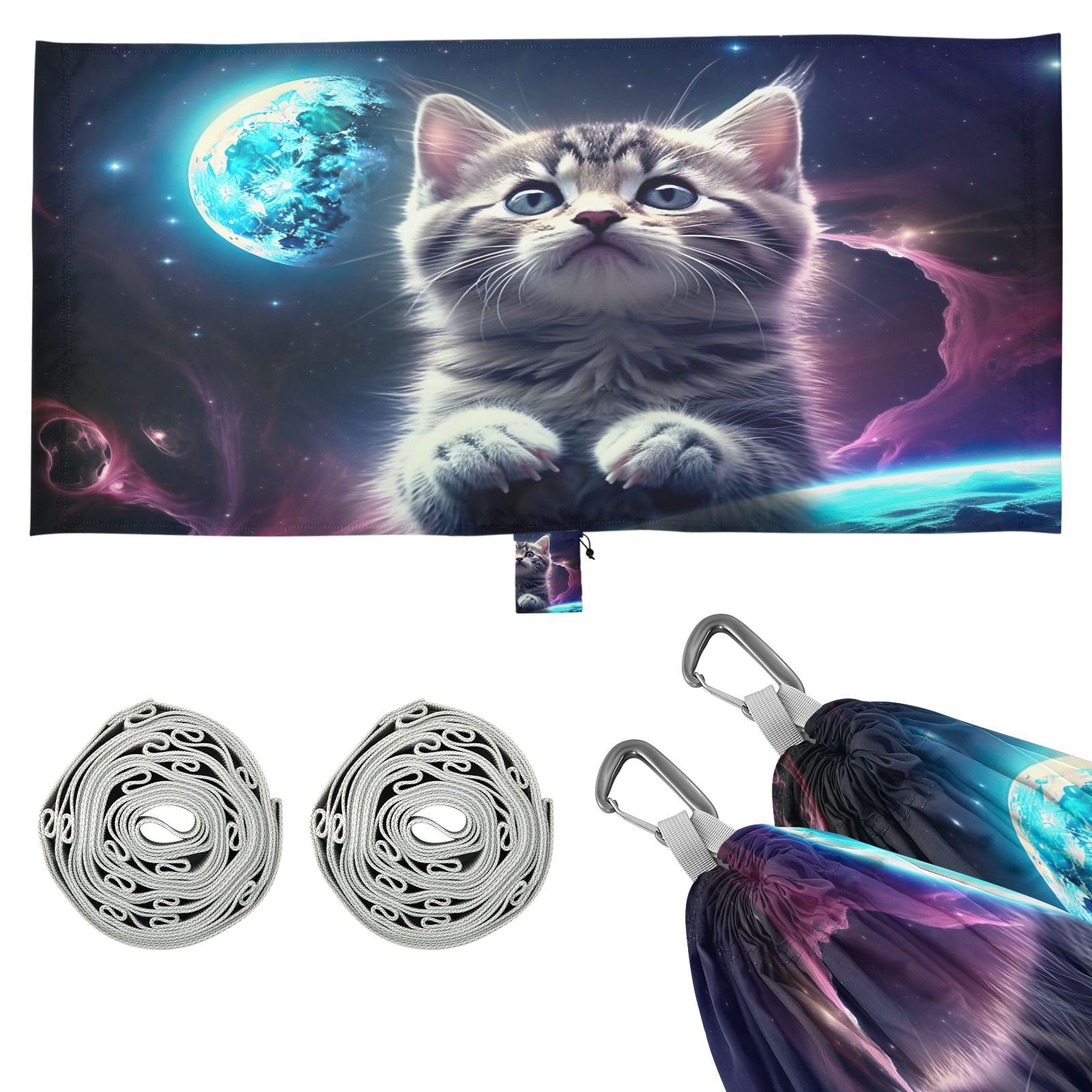 SDMKA Cat on The Moon Camping Hammock, 330 lbs with 2 Tree Straps, Carry Bag, Single Portable Hammock for Outdoor/Indoor, Hiking, Beach, Backpacking, Travel