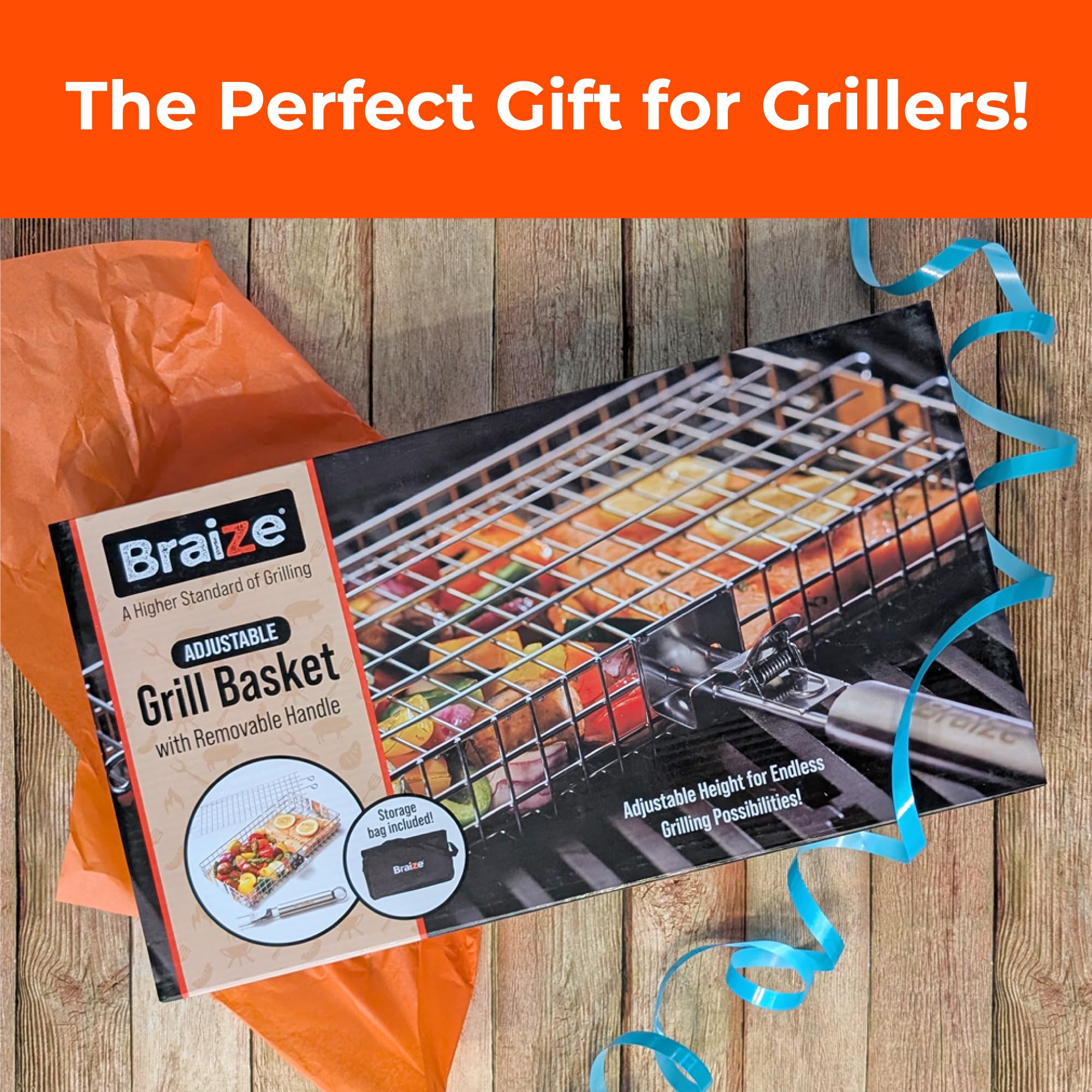 Verstellbarer Grillkorb mit abnehmbarem Griff - 4 Höhenstufen für Gemüse, Fleisch, Fisch & mehr - Verriegelungsdeckel - Backpinsel, Scheuerschwamm & Aufbewahrungstasche für Outdoor-Kochen
