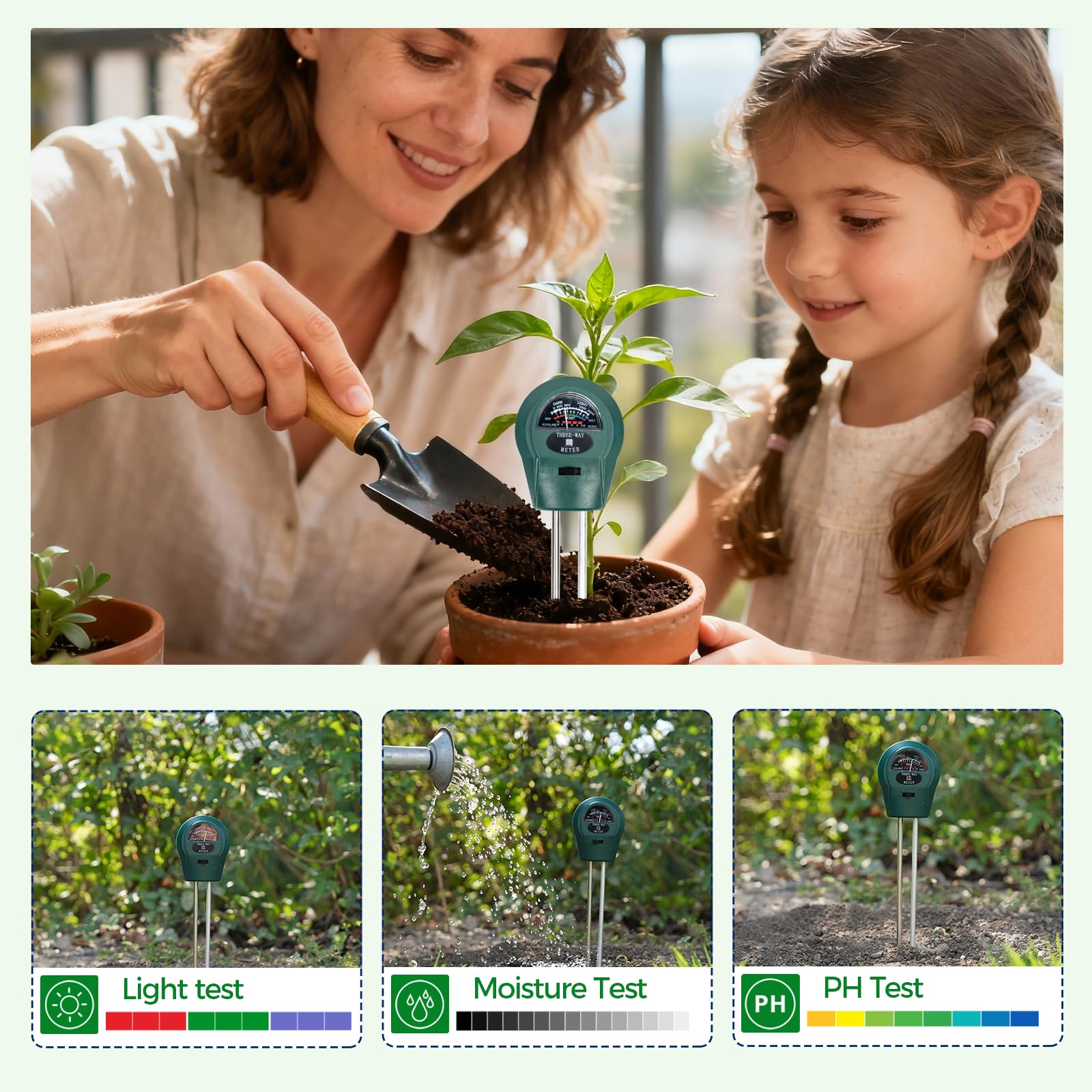 Bamworld Medidor de humedad del suelo 3 en 1, medidor de pH del suelo y medidor de humedad de plantas, medidor de humedad para jardinería, césped, granja, plantas de interior y exterior, no requiere