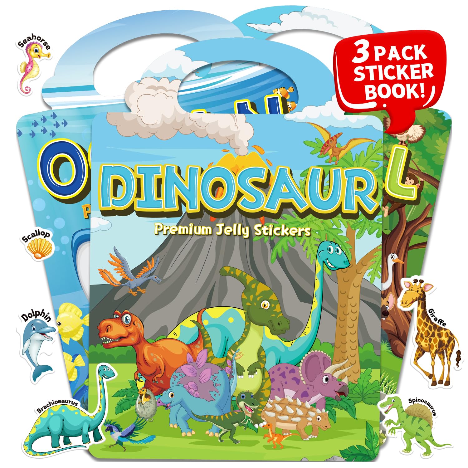 3 Sets of Reusable Jelly Stickers Books - Jelly Sticker Books for Kids - Airplane and Car Travel Toys Educational Gifts for Boys and Girls (Dinosaur+Ocean+Animal
