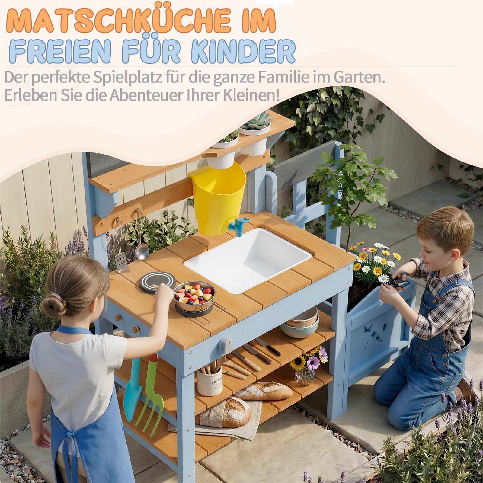 LEADZM Matschküche Kinder Outdoor Kinder mit Pflanzkasten, Spüle, Herd