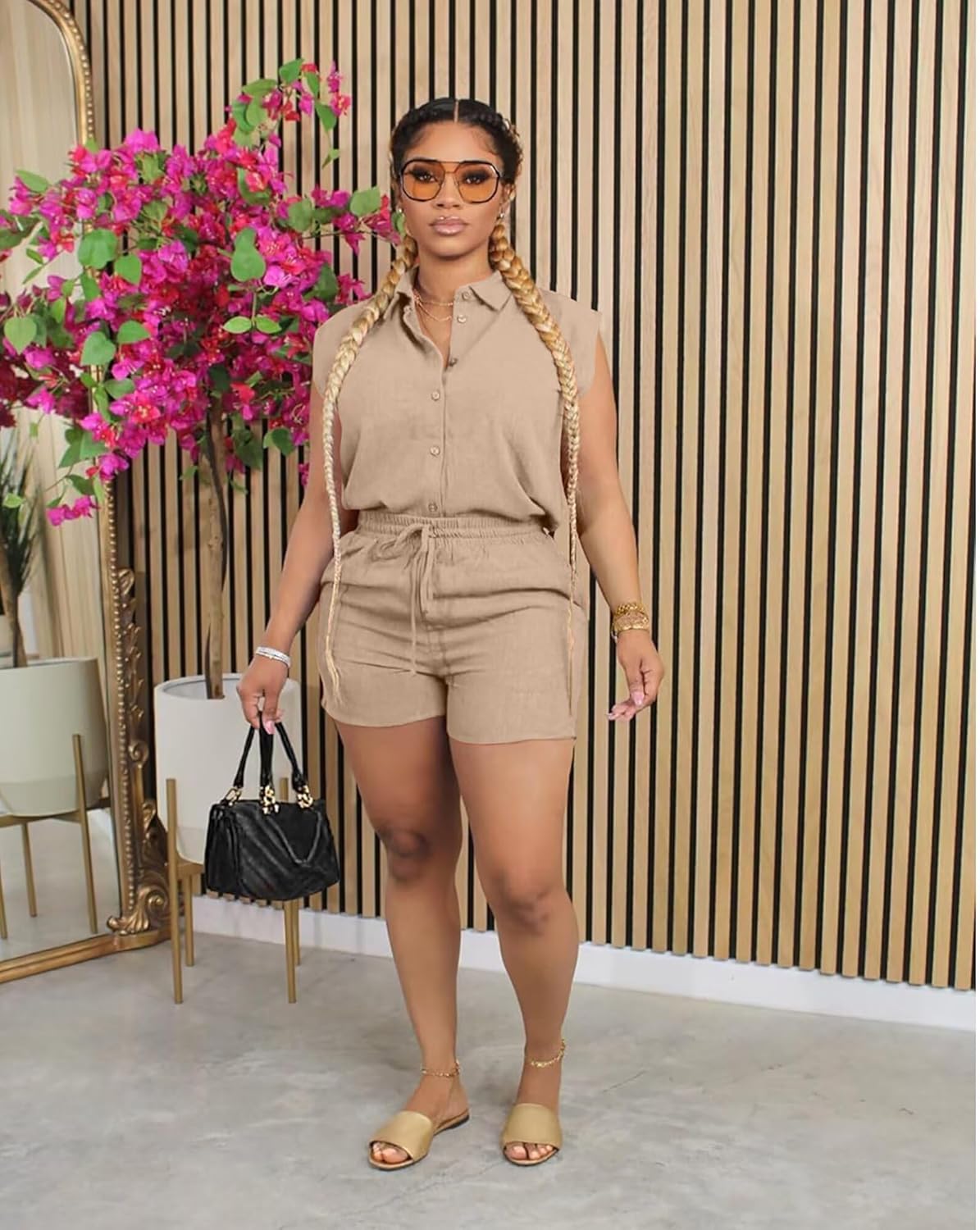 ThusFar Women 2 Piece Shorts Sets Button Down Cap Sleeve Drawstring Resort Wear Outfits Summer Matching Sets Tracksuits - Image 2