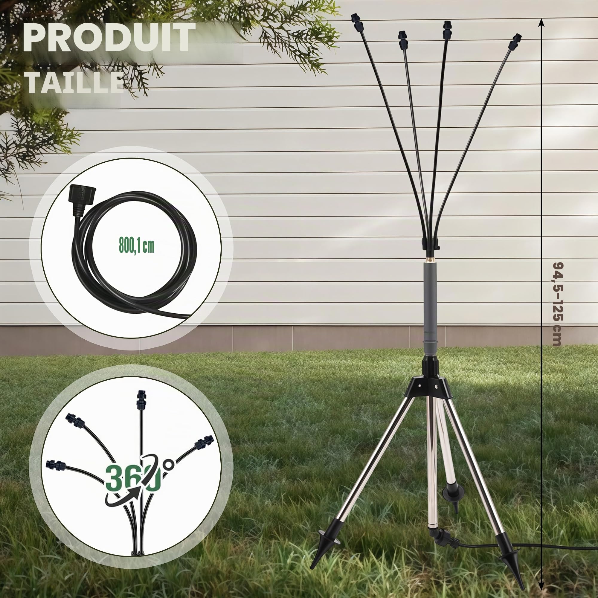 Vaporisateur sur pied pour terrasse, refroidissement de terrasse avec conduite d'eau de 8 m, système de pulvérisation portable pour terrasse, jardin, extérieur
