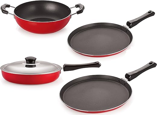 Nirlon Non-Stick Cookware Kitchen Cooking Utencil Combo Set Offer, (FT13_FP12_KD12_FT10),Red & Black Color