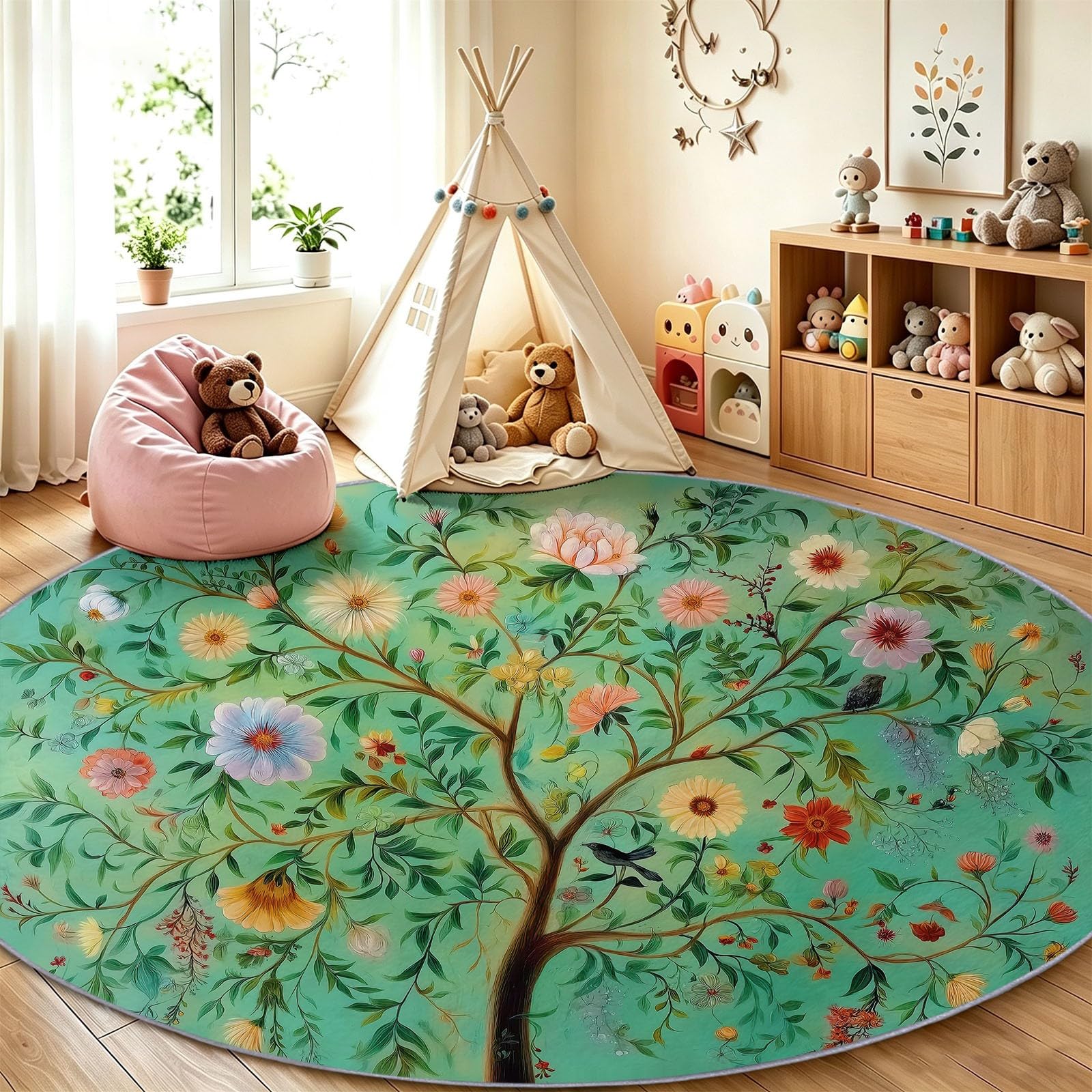Tapis salon rond vert 80 cm lavable et antidérapant motif arbre de vie