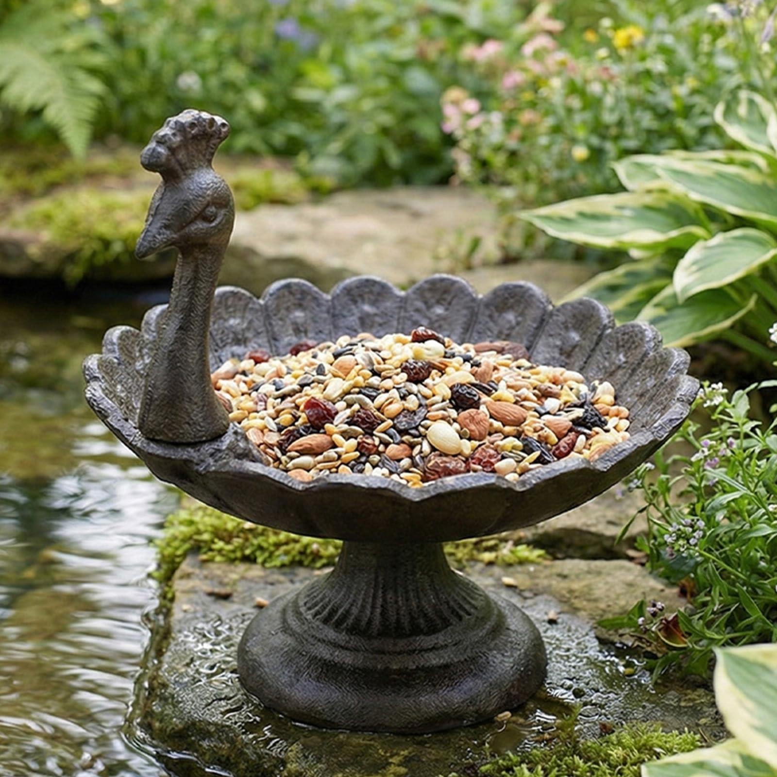 Comedero de pájaros de hierro fundido con diseño rural de Peahen, decoración al aire libre, estación de alimentación para amantes de la naturaleza, baño para decoración de jardín y patio