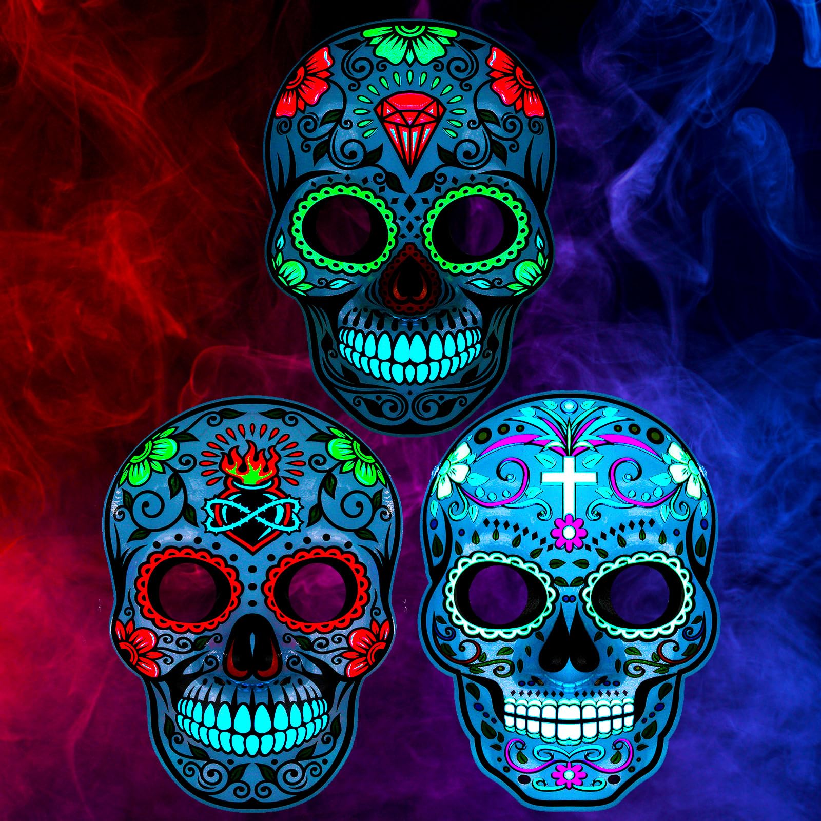 3 Pcs LED Day of the Dead Mask for Woman Dia De Los Muertos Light up Skull Masks
