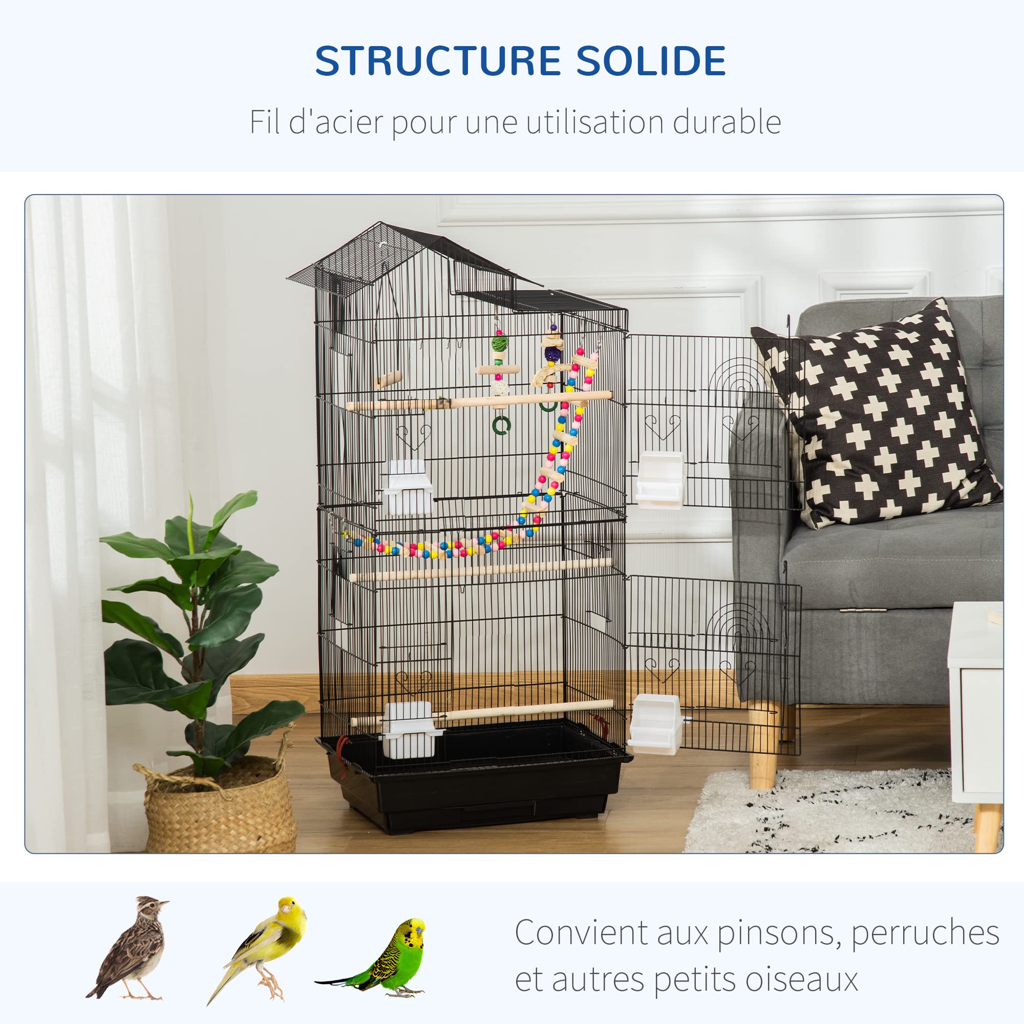 PawHut Vogelkäfig, 46 x 36 x 100 cm, 4 Futternäpfe, Käfig für Wellensittiche, Schwarz | 3 Sitzstangen, für Nymphensittiche, Sittiche, Finken, Kanarienvögel